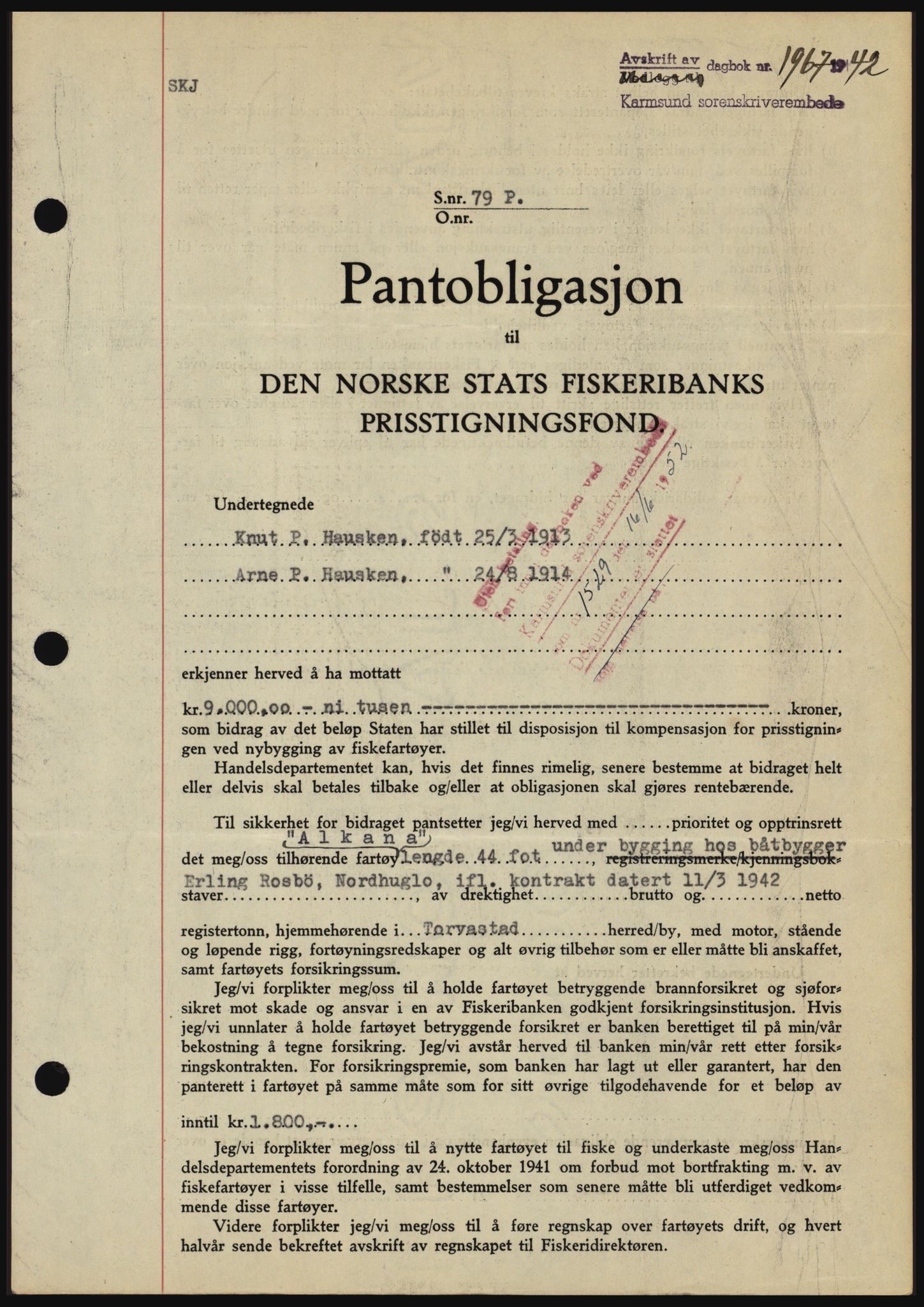 Karmsund sorenskriveri, SAST/A-100311/01/II/IIBBE/L0008: Pantebok nr. B 54, 1942-1943, Dagboknr: 1967/1942