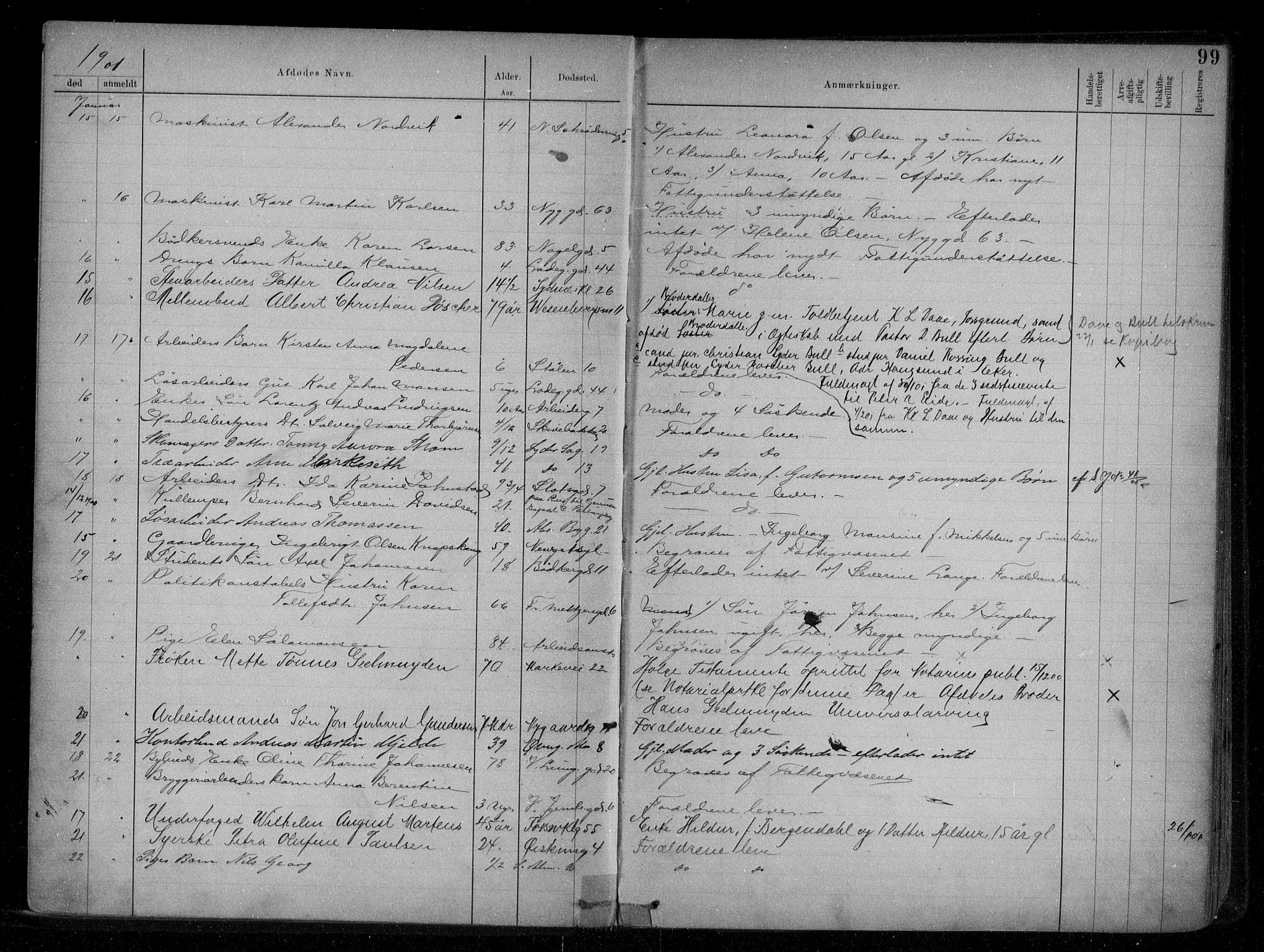Byfogd og Byskriver i Bergen, AV/SAB-A-3401/06/06Na/L0007: Dødsfallsjournaler, 1898-1904, s. 98b-99a