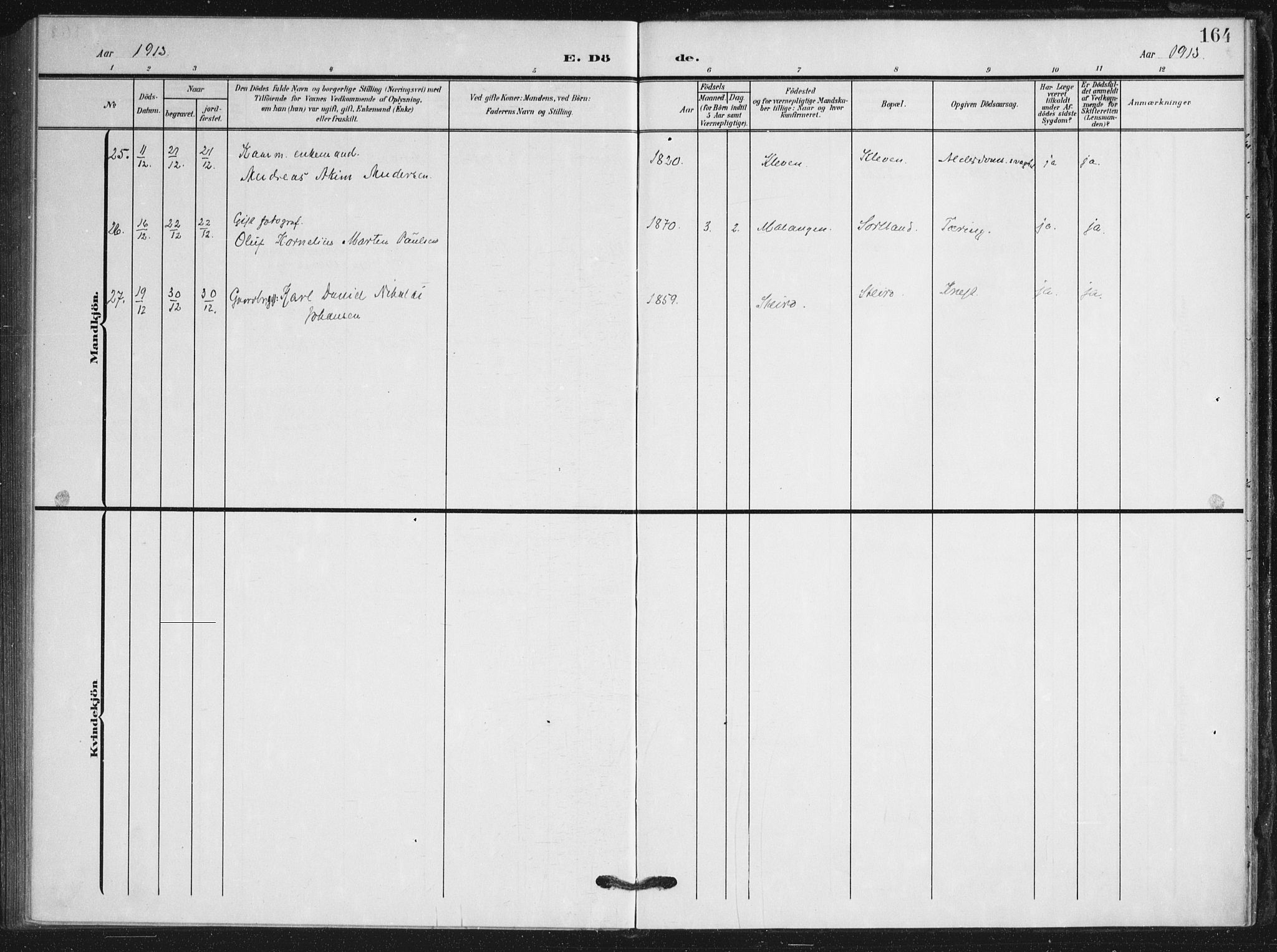 Ministerialprotokoller, klokkerbøker og fødselsregistre - Nordland, AV/SAT-A-1459/895/L1373: Ministerialbok nr. 895A08, 1905-1915, s. 164