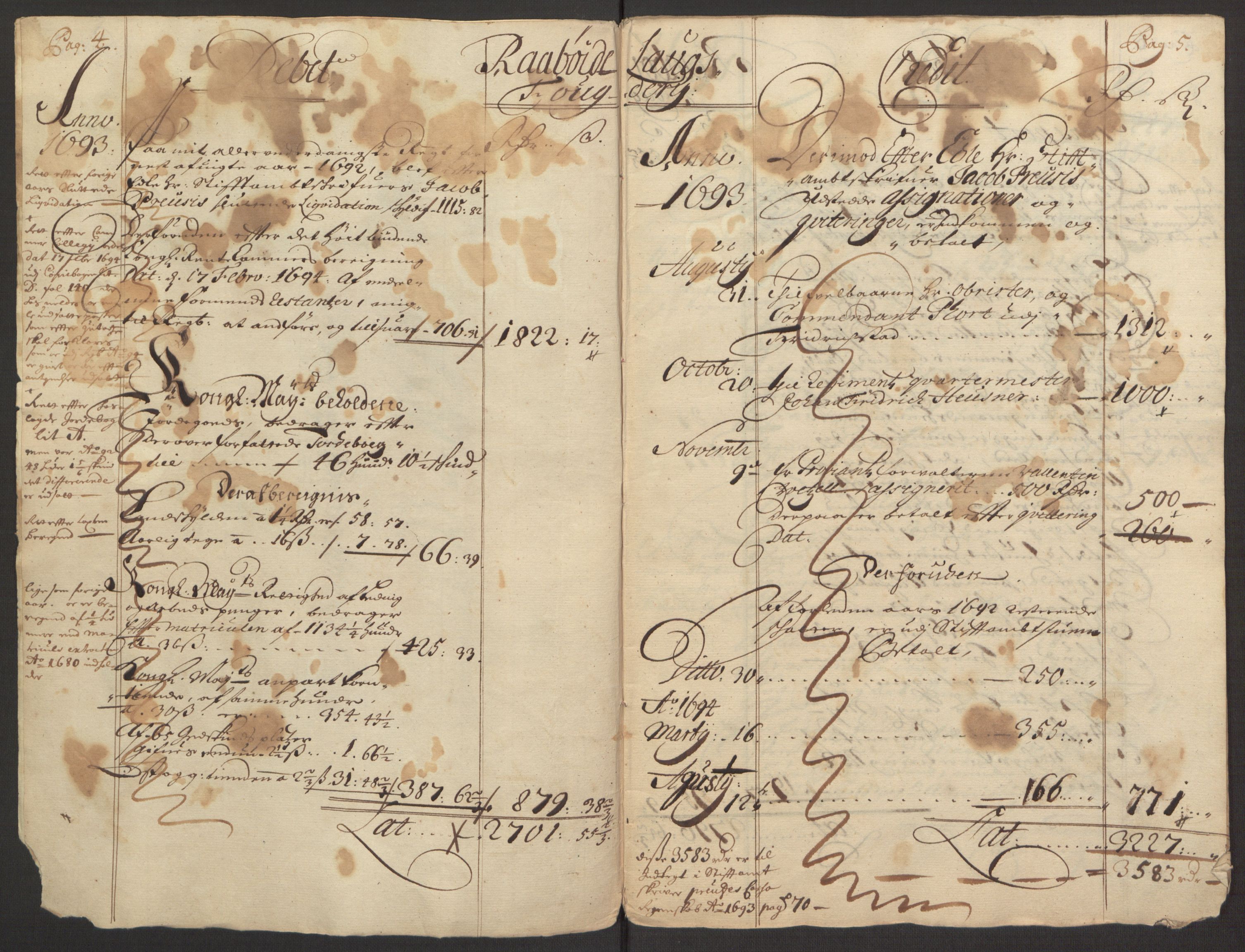 Rentekammeret inntil 1814, Reviderte regnskaper, Fogderegnskap, RA/EA-4092/R40/L2444: Fogderegnskap Råbyggelag, 1693-1696, s. 5