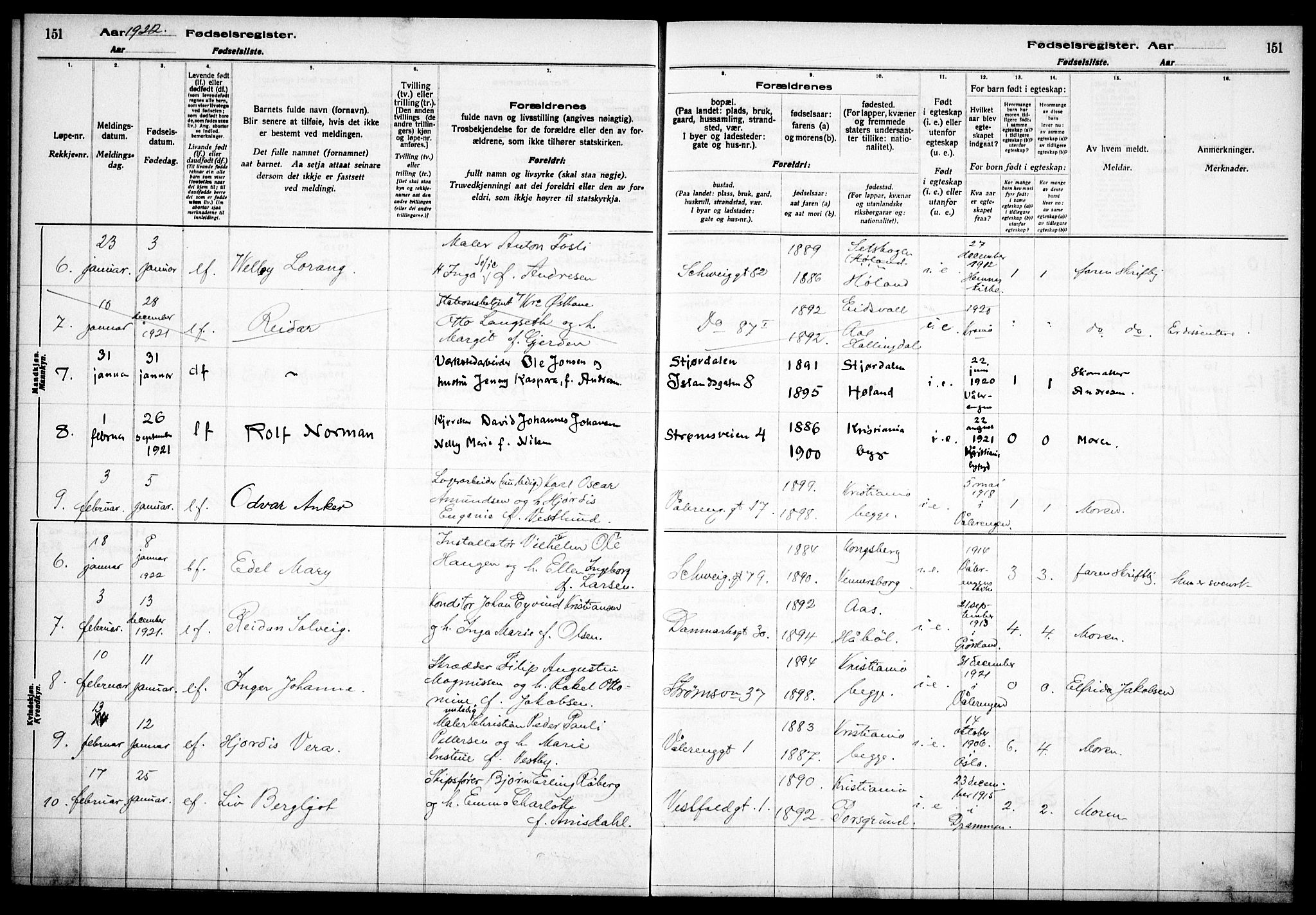 Vålerengen prestekontor Kirkebøker, AV/SAO-A-10878/J/Ja/L0001: Fødselsregister nr. 1, 1916-1924, s. 151