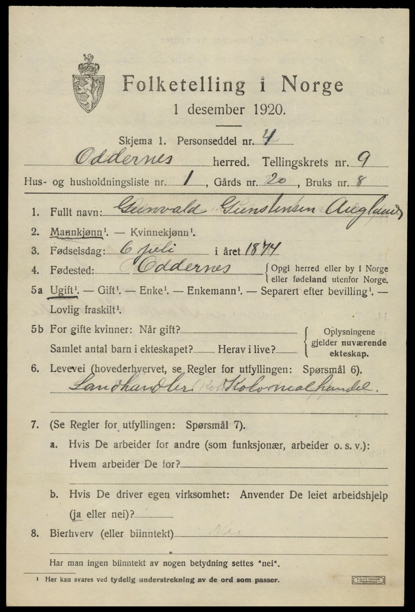 SAK, Folketelling 1920 for 1012 Oddernes herred, 1920, s. 6049