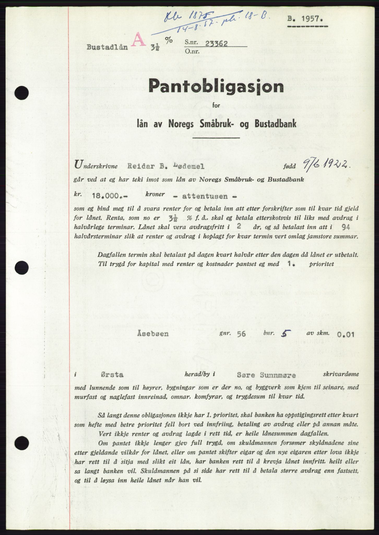 Søre Sunnmøre sorenskriveri, AV/SAT-A-4122/1/2/2C/L0130: Pantebok nr. 18B, 1957-1958, Dagboknr: 1875/1957