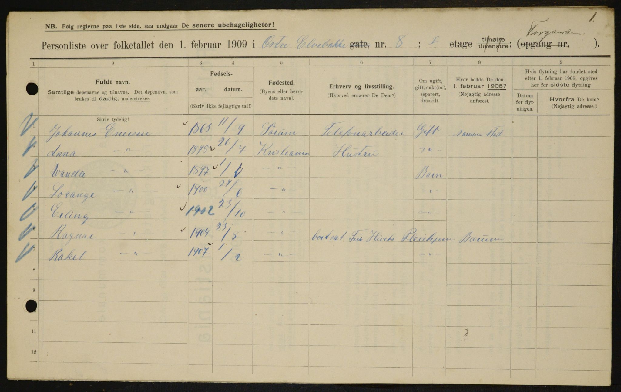 OBA, Kommunal folketelling 1.2.1909 for Kristiania kjøpstad, 1909, s. 117487