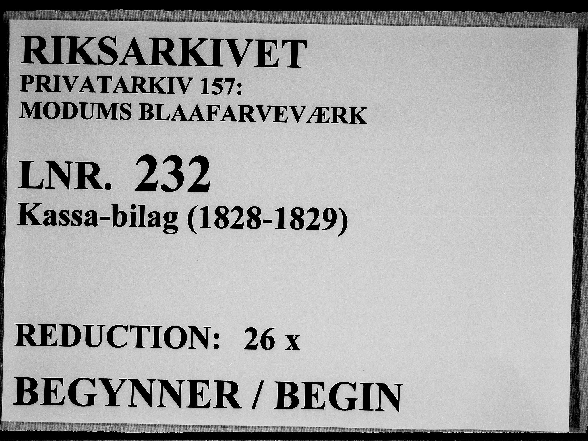 Modums Blaafarveværk, RA/PA-0157/G/Gd/Gdc/L0232/0001: -- / Kassa-bilag, 1828-1829, s. 1