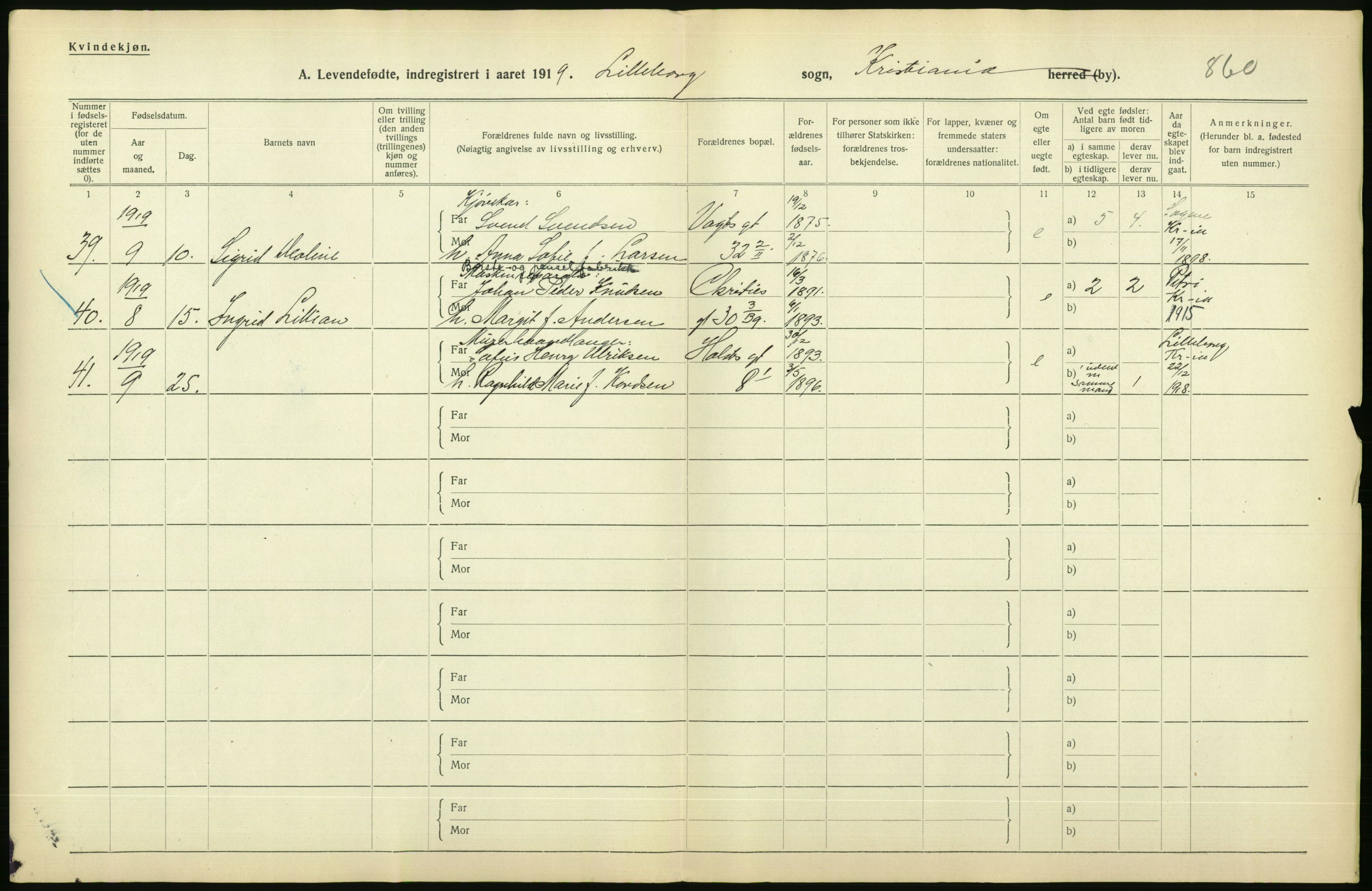 Statistisk sentralbyrå, Sosiodemografiske emner, Befolkning, AV/RA-S-2228/D/Df/Dfb/Dfbi/L0008: Kristiania: Levendefødte menn og kvinner., 1919