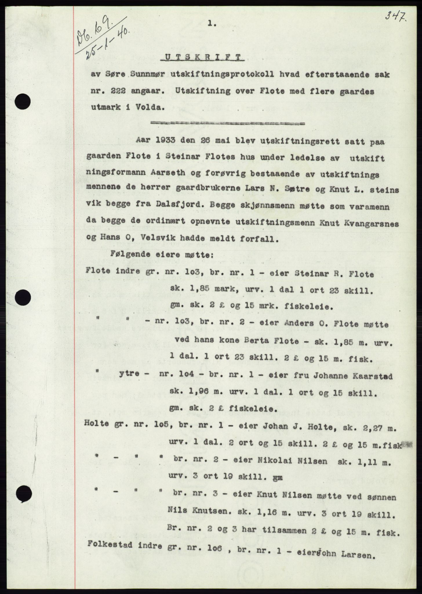 Søre Sunnmøre sorenskriveri, SAT/A-4122/1/2/2C/L0069: Pantebok nr. 63, 1939-1940, Dagboknr: 69/1940