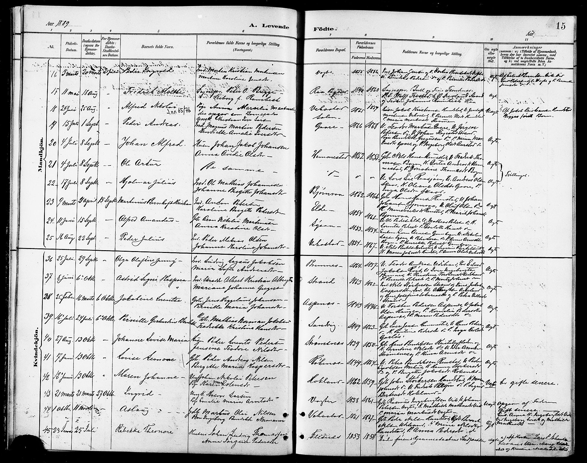 Kvæfjord sokneprestkontor, AV/SATØ-S-1323/G/Ga/Gab/L0005klokker: Klokkerbok nr. 5, 1886-1911, s. 15