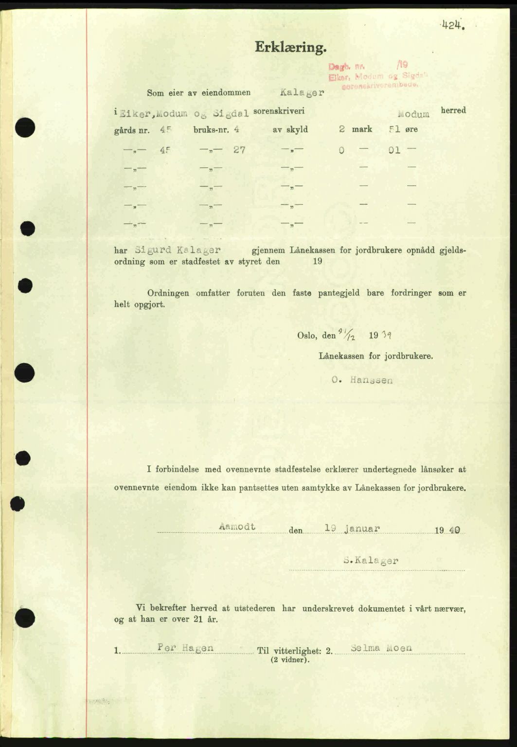 Eiker, Modum og Sigdal sorenskriveri, SAKO/A-123/G/Ga/Gab/L0041: Pantebok nr. A11, 1939-1940, Dagboknr: 110/1940