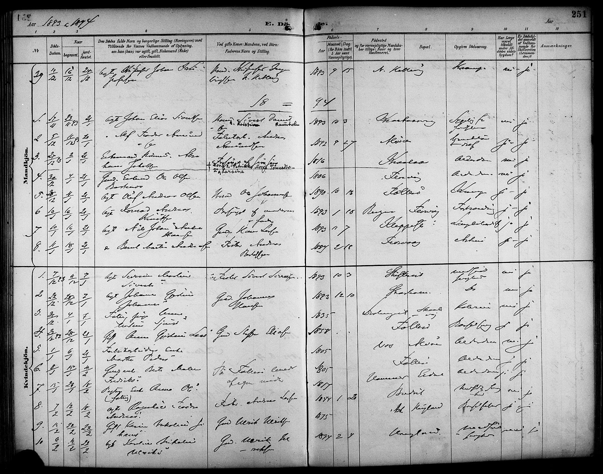 Askøy Sokneprestembete, AV/SAB-A-74101/H/Ha/Haa/Haab/L0002: Ministerialbok nr. B 2, 1889-1902, s. 251