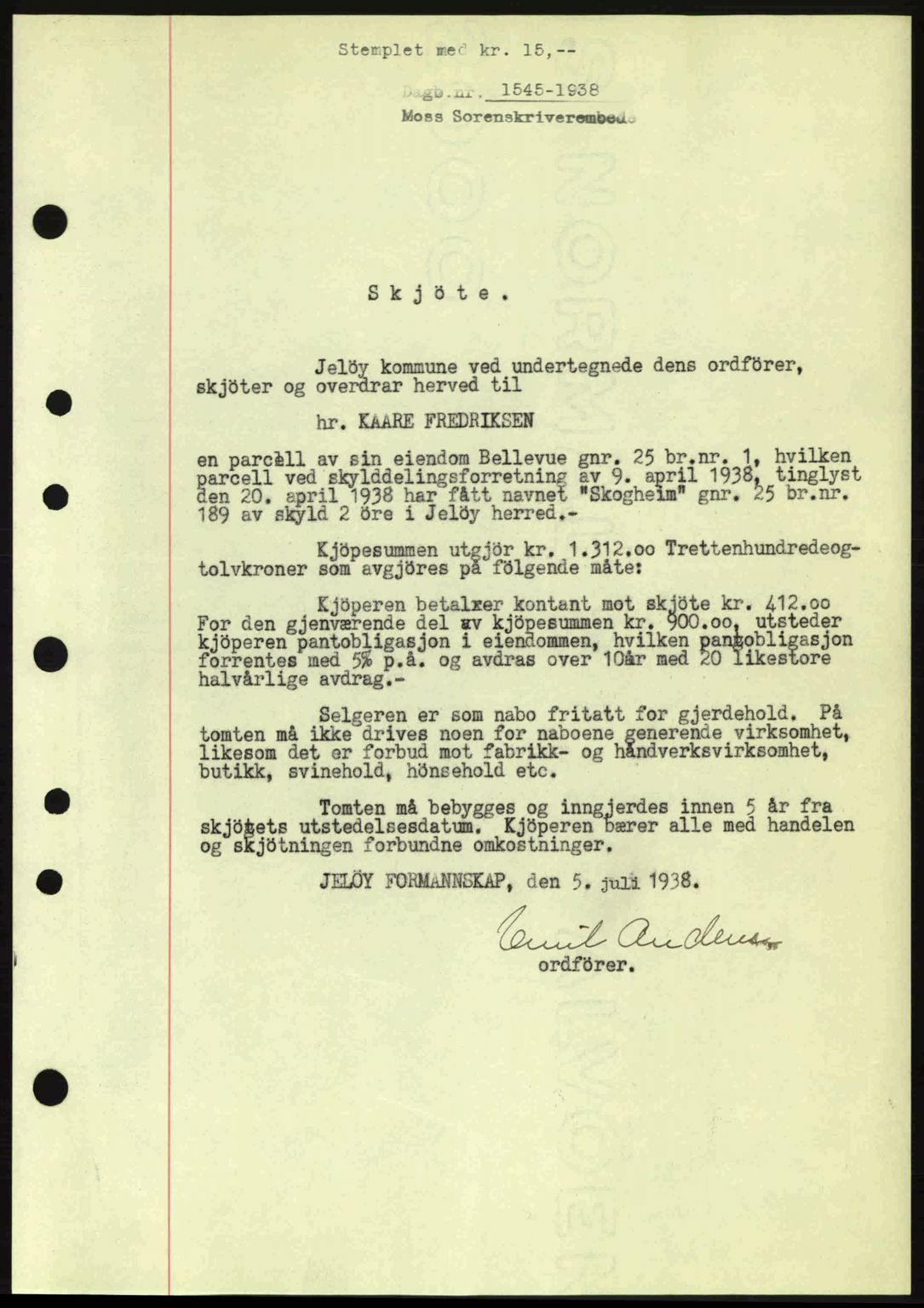 Moss sorenskriveri, SAO/A-10168: Pantebok nr. A4, 1938-1938, Dagboknr: 1545/1938