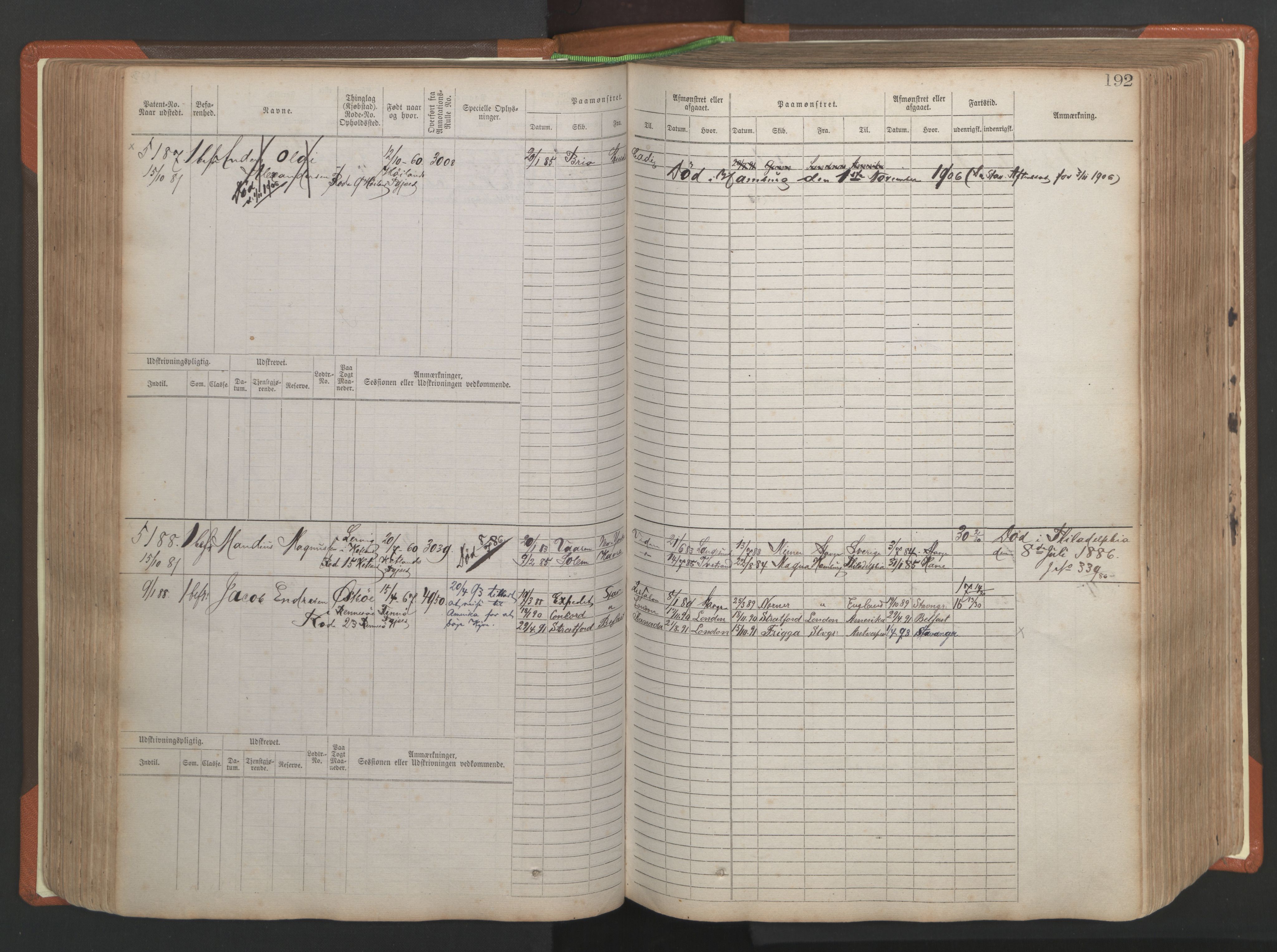 Stavanger sjømannskontor, AV/SAST-A-102006/F/Fb/Fbb/L0009: Sjøfartshovedrulle, patentnr. 4805-6006, 1879-1887, s. 198