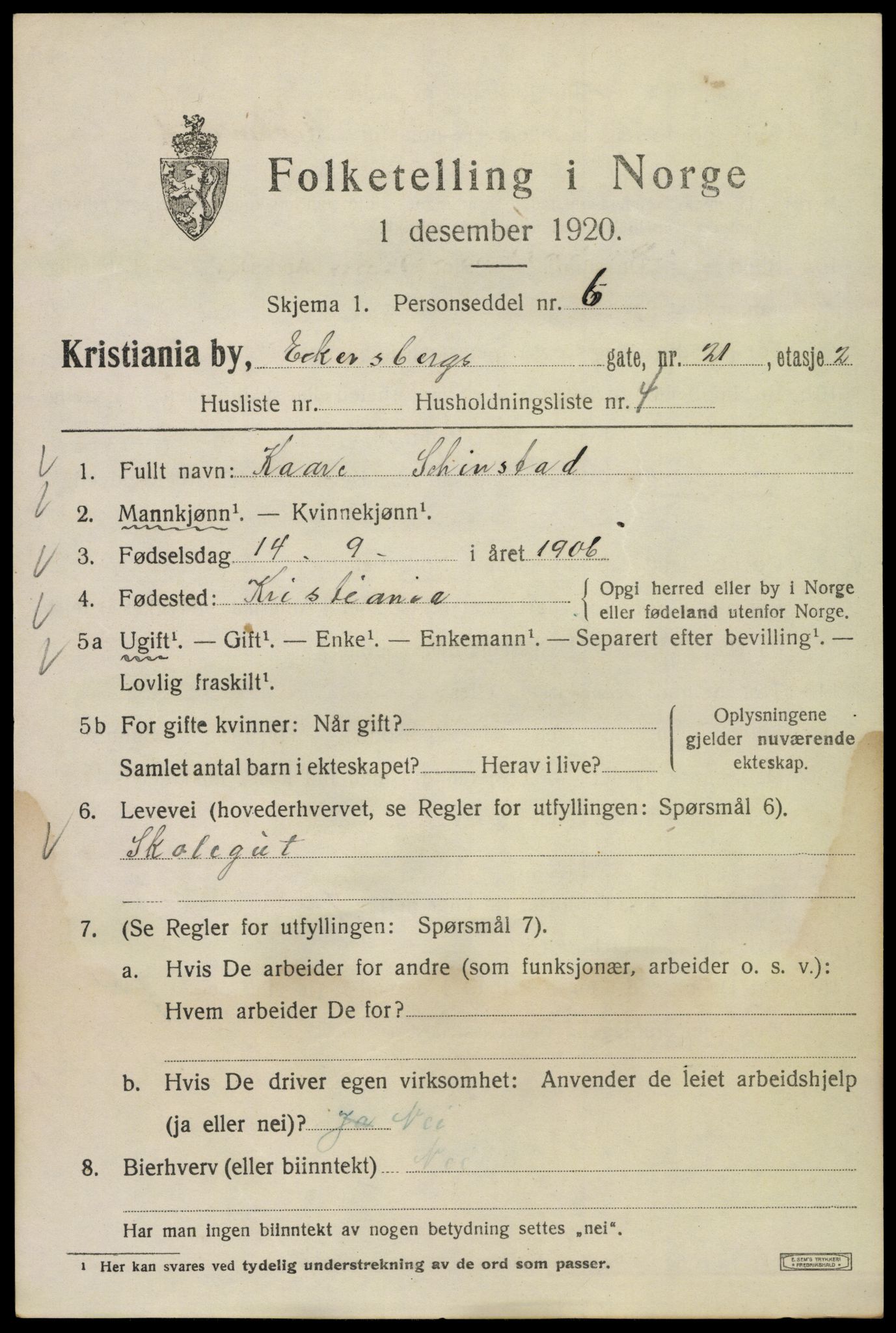 SAO, Folketelling 1920 for 0301 Kristiania kjøpstad, 1920, s. 208263