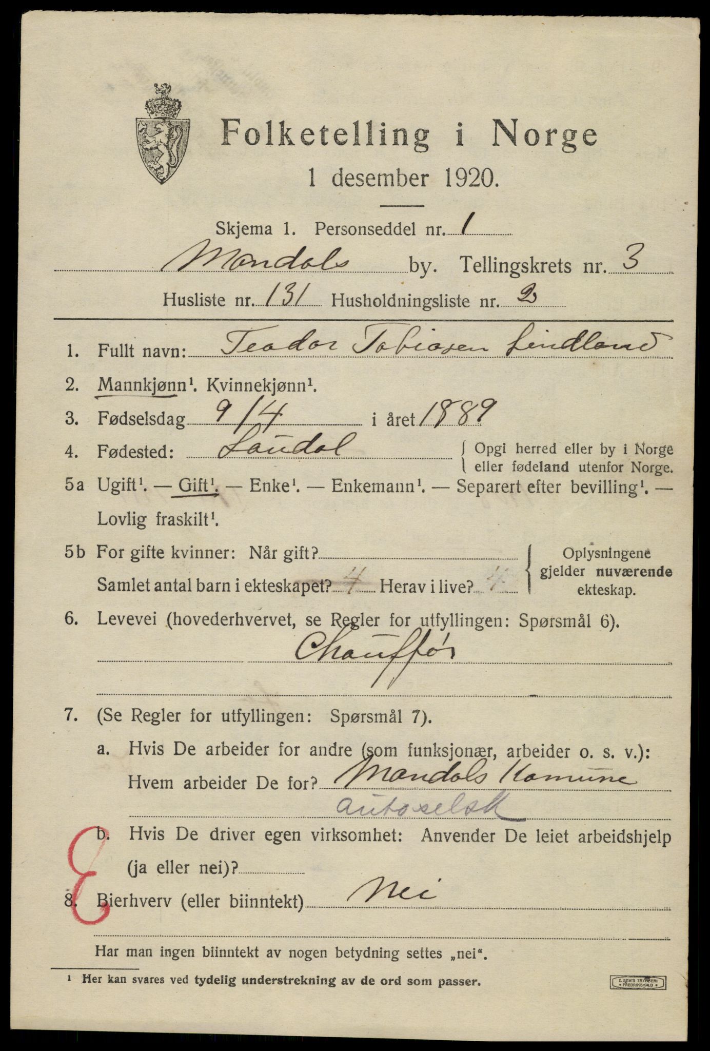 SAK, Folketelling 1920 for 1002 Mandal ladested, 1920, s. 6967