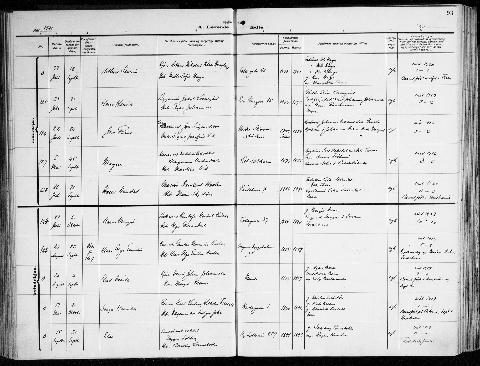 Årstad Sokneprestembete, AV/SAB-A-79301/H/Haa/L0004: Ministerialbok nr. A 4, 1919-1928, s. 93