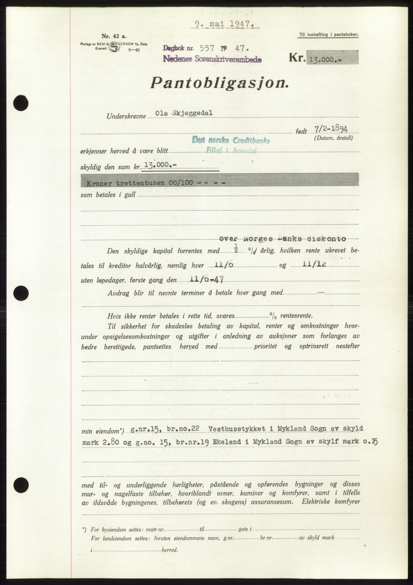 Nedenes sorenskriveri, SAK/1221-0006/G/Gb/Gbb/L0004: Pantebok nr. B4, 1947-1947, Dagboknr: 557/1947