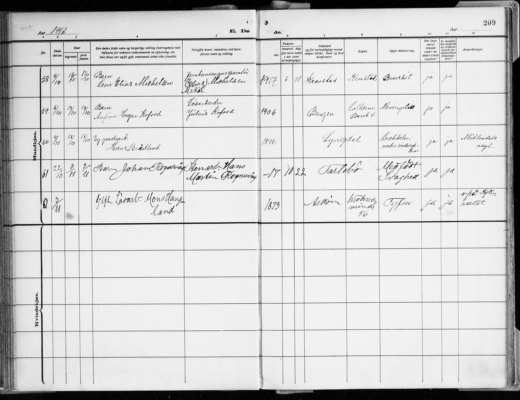 Årstad Sokneprestembete, AV/SAB-A-79301/H/Haa/L0003: Ministerialbok nr. A 3, 1914-1919, s. 209