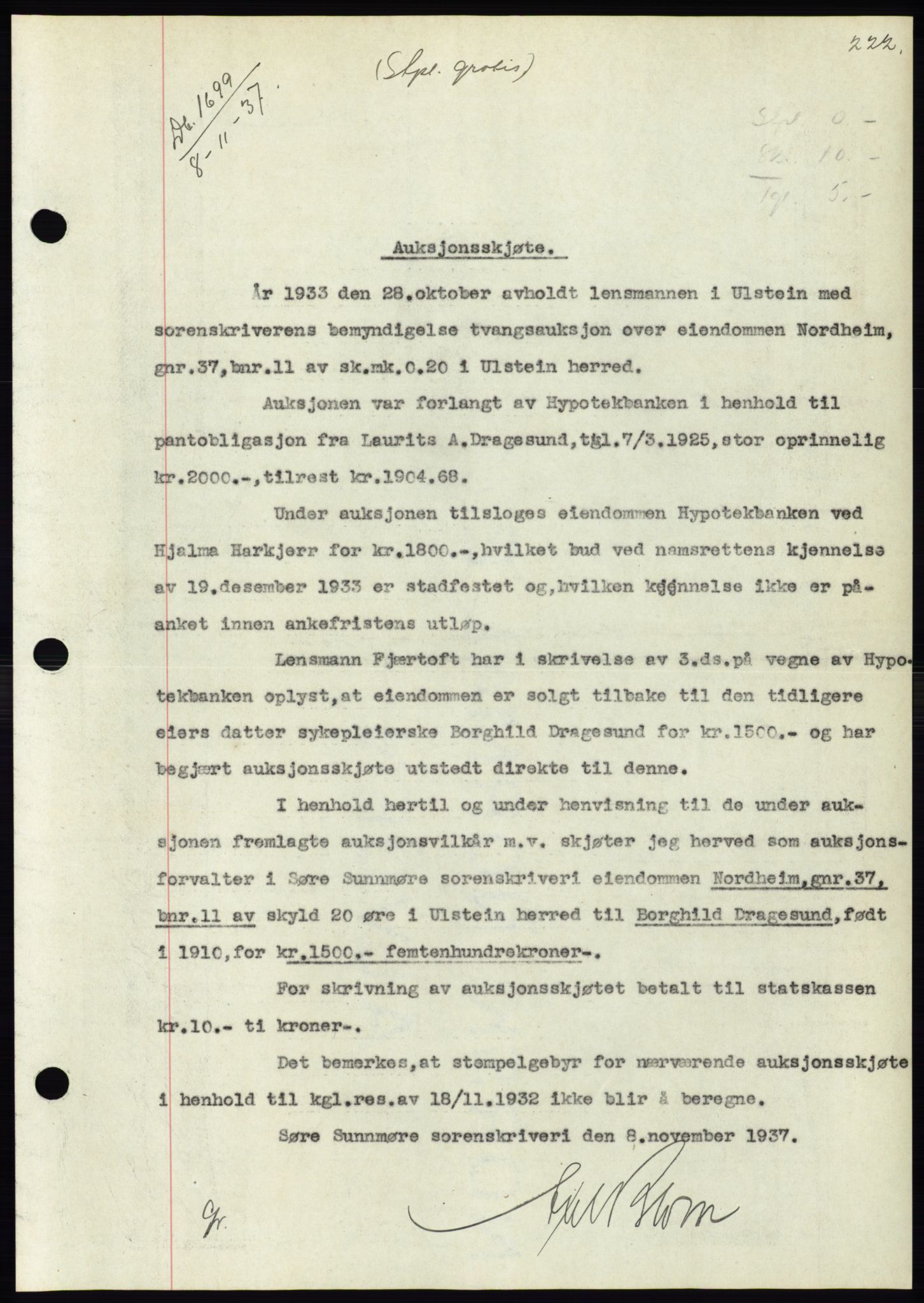 Søre Sunnmøre sorenskriveri, SAT/A-4122/1/2/2C/L0064: Pantebok nr. 58, 1937-1938, Dagboknr: 1699/1937
