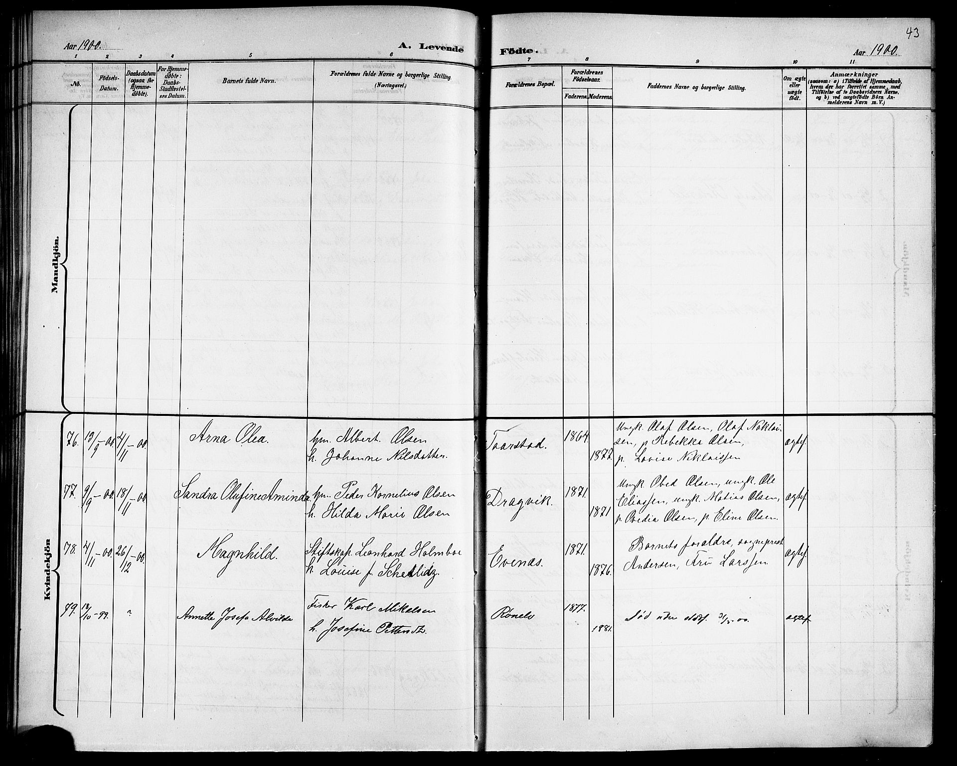 Ministerialprotokoller, klokkerbøker og fødselsregistre - Nordland, AV/SAT-A-1459/863/L0915: Klokkerbok nr. 863C05, 1898-1907, s. 43