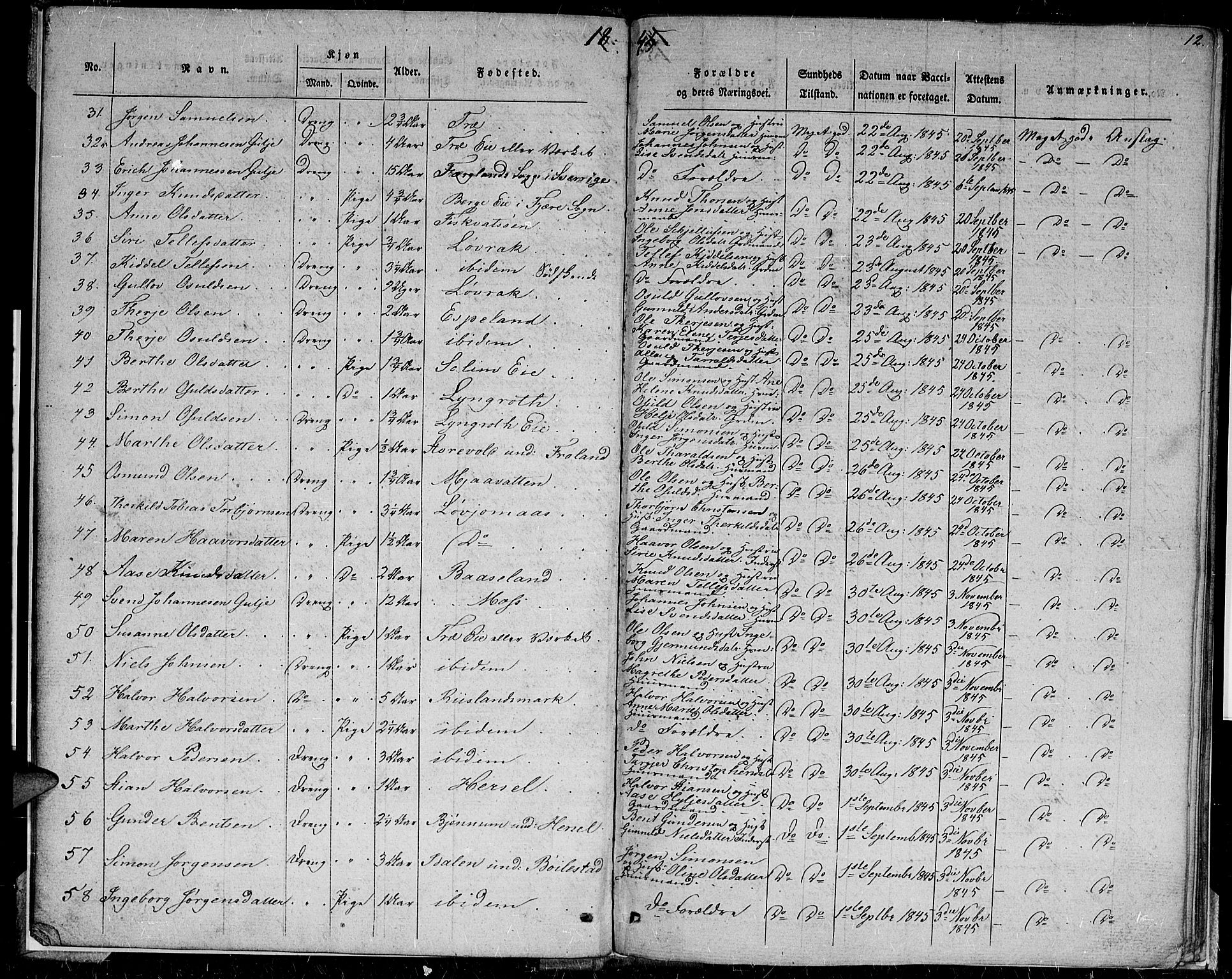 Froland sokneprestkontor, AV/SAK-1111-0013/J/Jc/L0001: Vaksinasjonsprotokoll nr. A VI 8, 1838-1859, s. 12