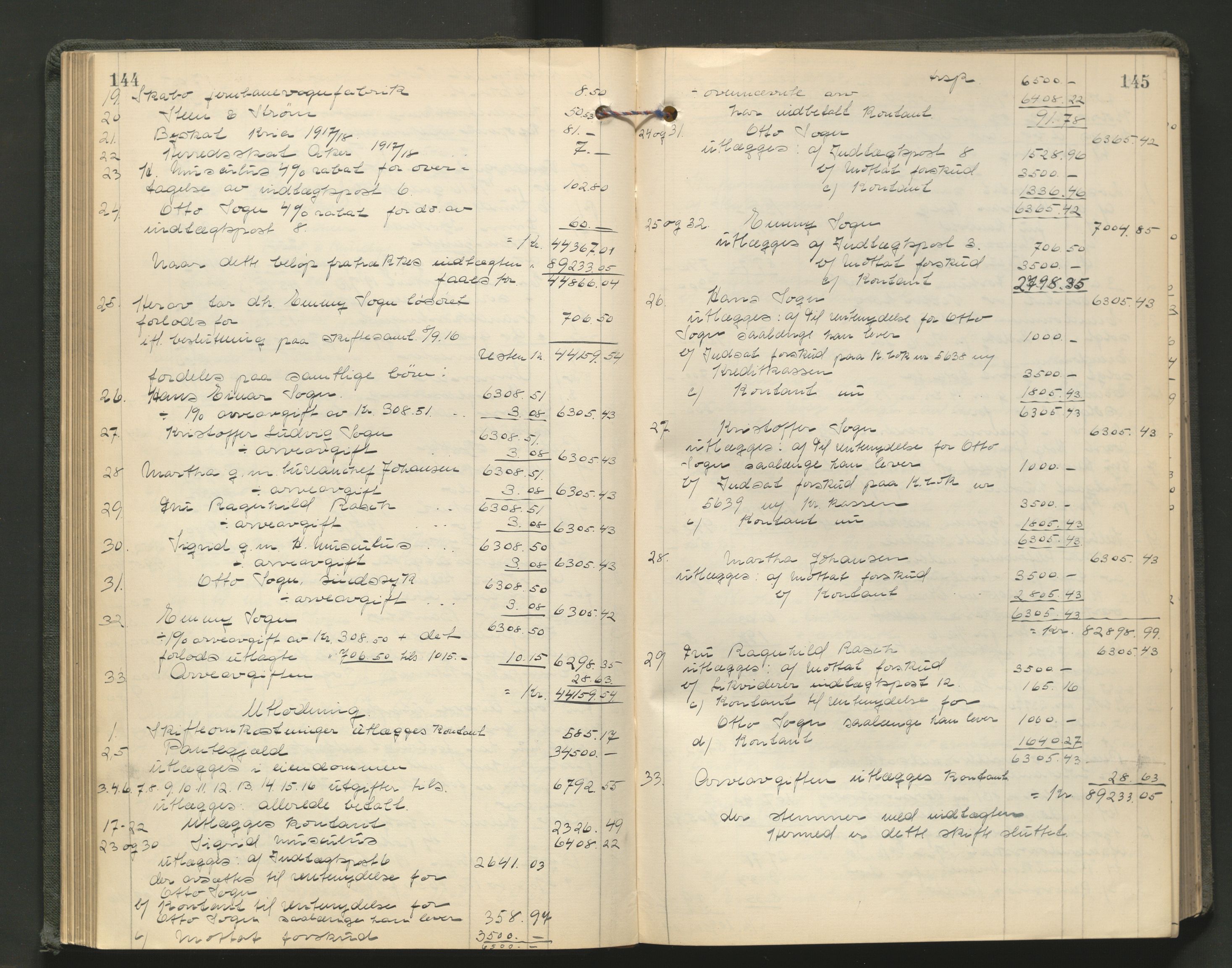 Aker kriminaldommer, skifte- og auksjonsforvalterembete, AV/SAO-A-10452/H/He/L0005: Utlodningsprotokoll, 1915-1919, s. 144-145
