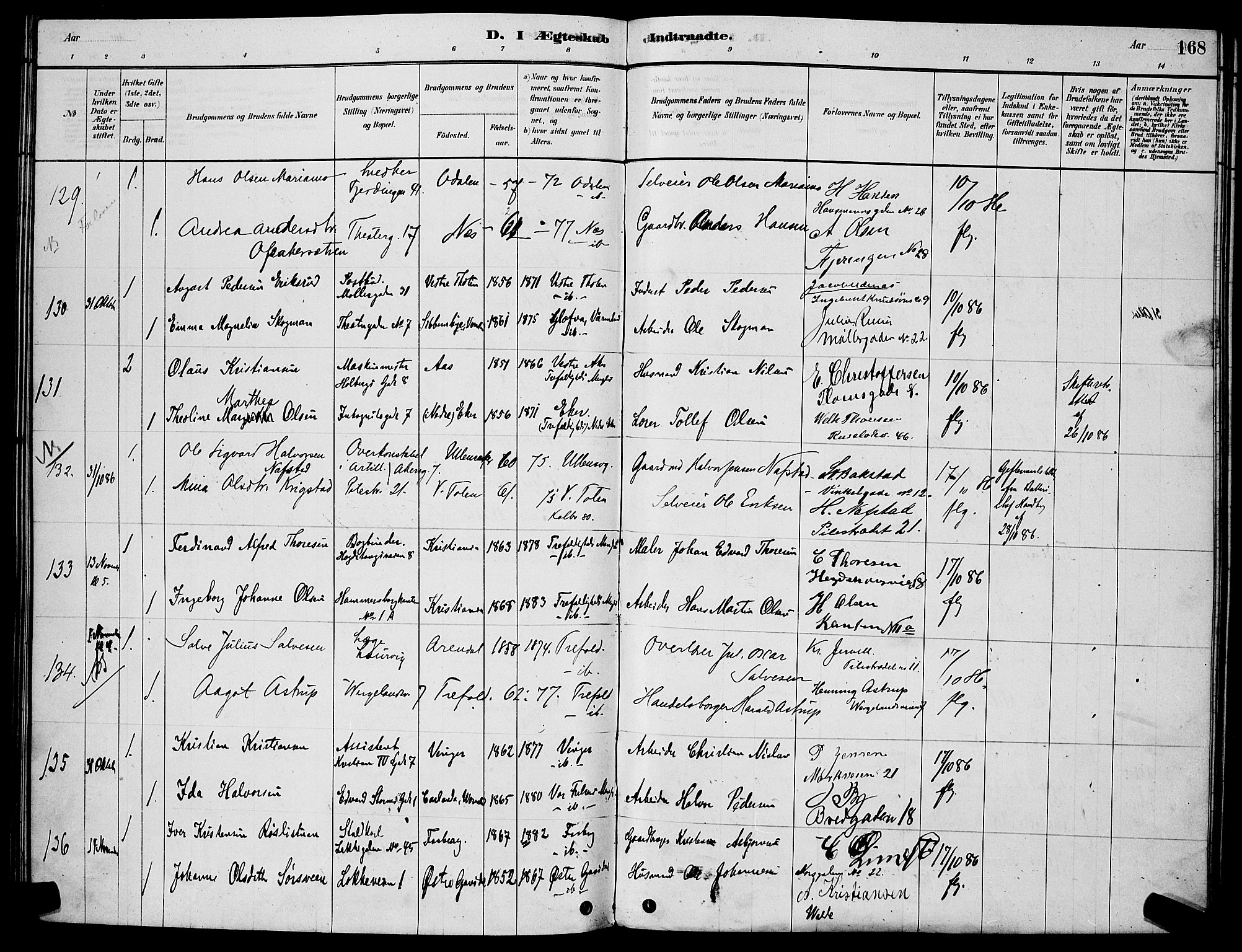 Trefoldighet prestekontor Kirkebøker, AV/SAO-A-10882/H/Ha/L0003: Lysningsprotokoll nr. 3, 1878-1888, s. 168