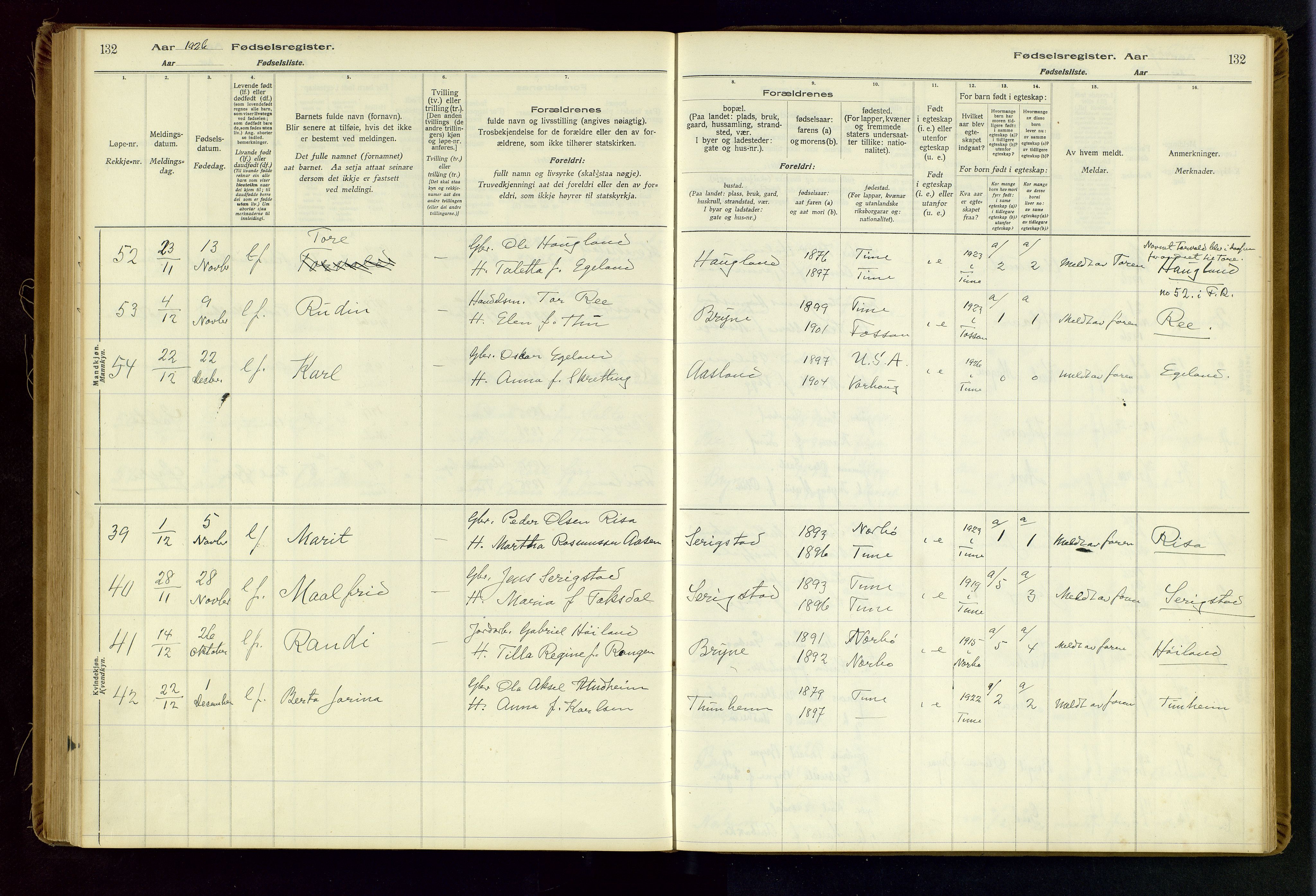 Time sokneprestkontor, AV/SAST-A-101795/001/704BA/L0001: Fødselsregister nr. 1, 1916-1934, s. 132