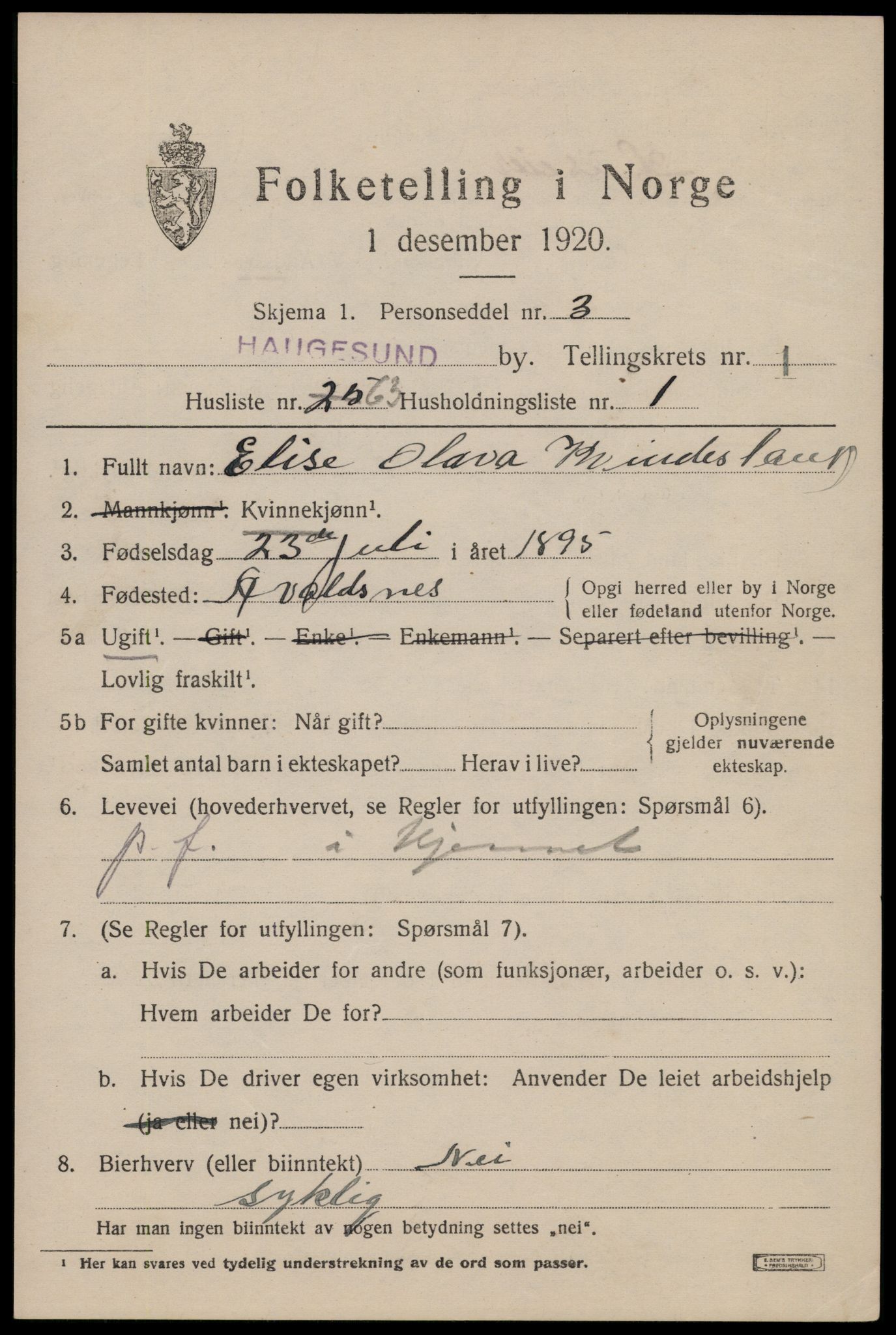 SAST, Folketelling 1920 for 1106 Haugesund kjøpstad, 1920, s. 12495