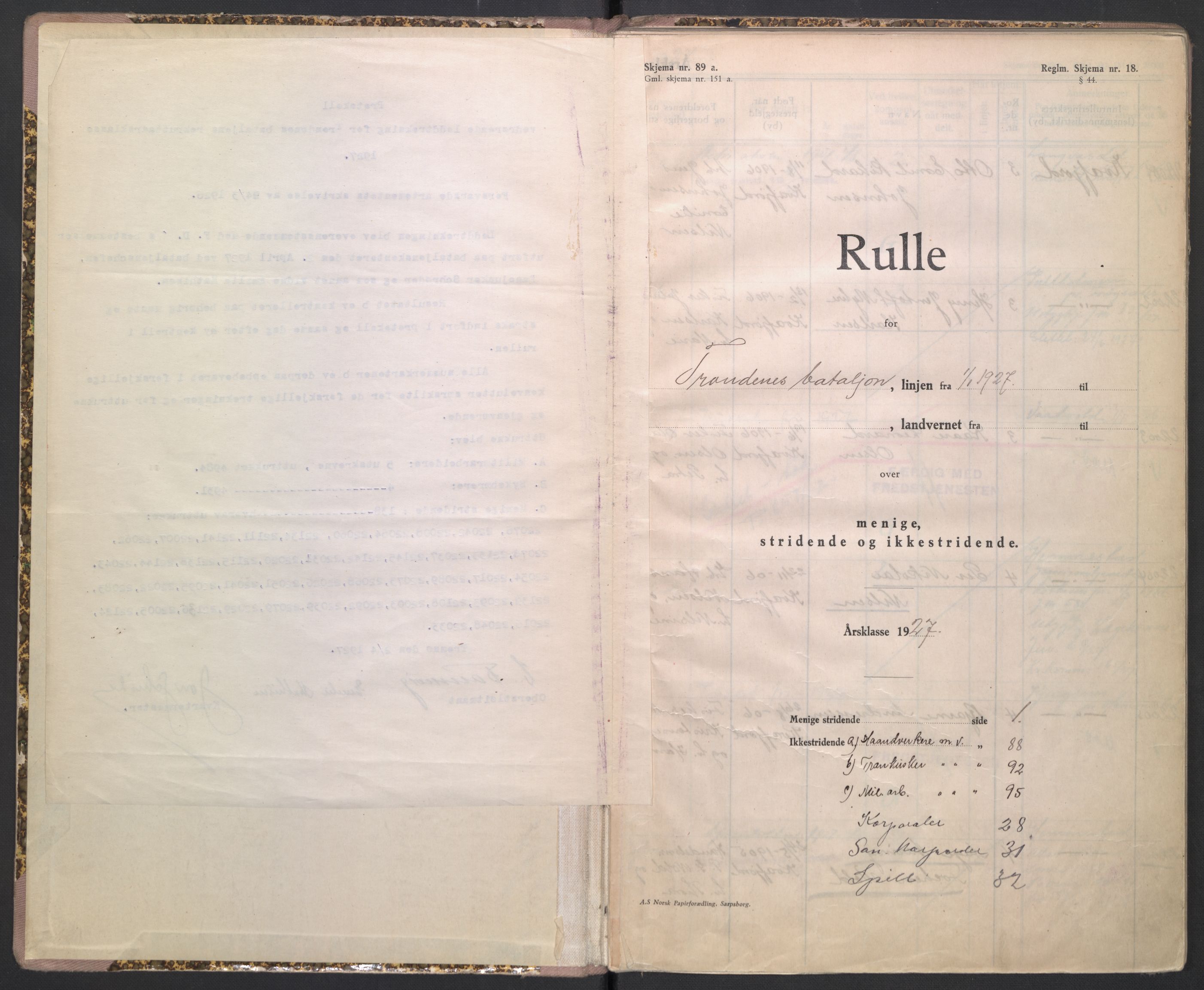 Forsvaret, Troms infanteriregiment nr. 16, AV/RA-RAFA-3146/P/Pa/L0004/0003: Ruller / Rulle for Trondenes bataljons menige mannskaper, årsklasse 1927, 1927