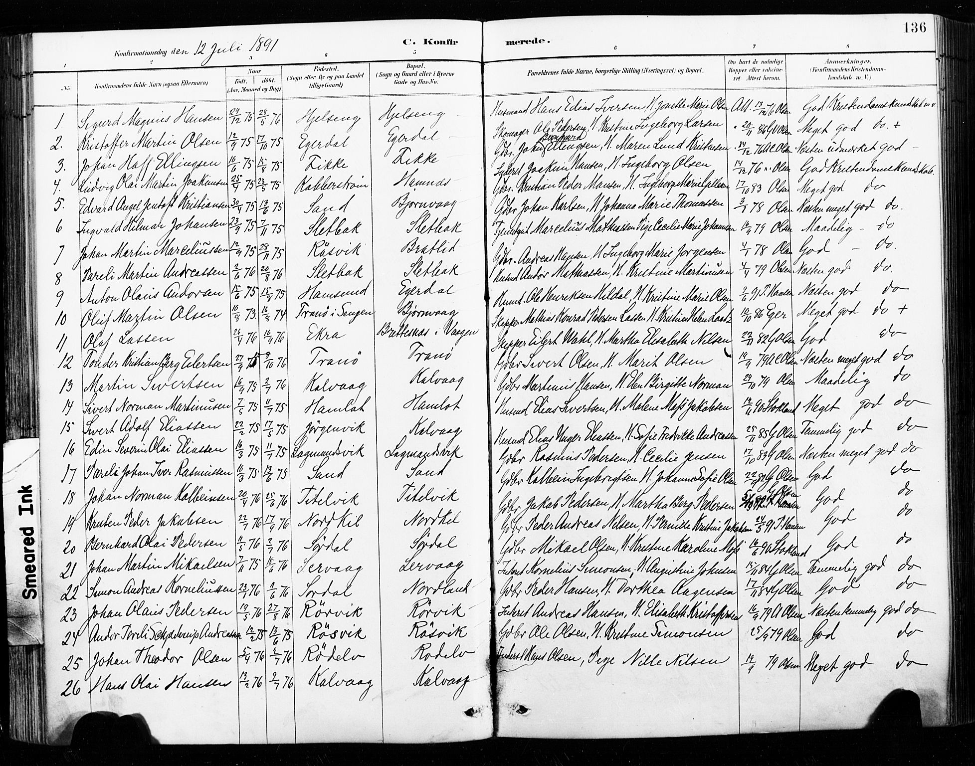 Ministerialprotokoller, klokkerbøker og fødselsregistre - Nordland, AV/SAT-A-1459/859/L0847: Ministerialbok nr. 859A07, 1890-1899, s. 136