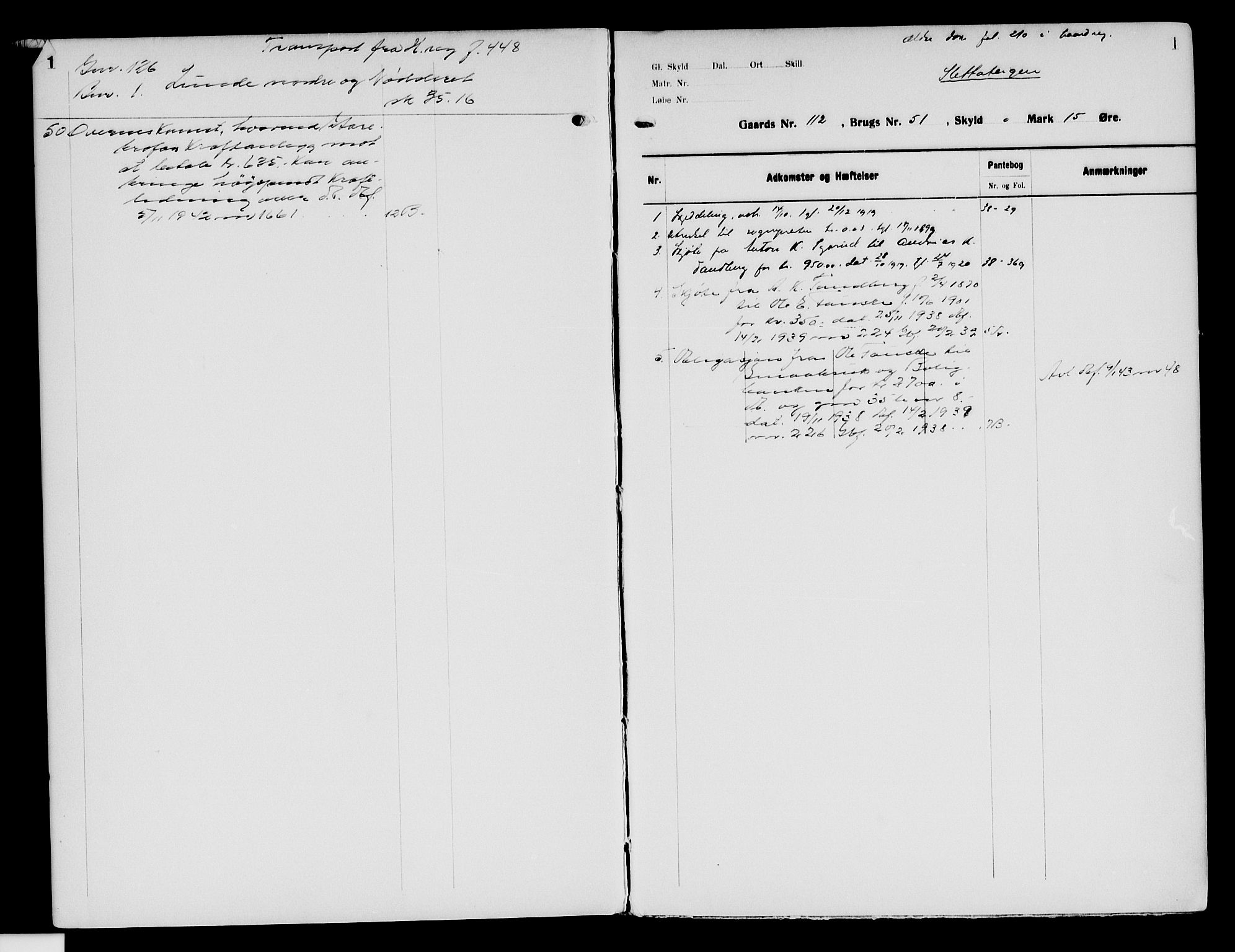 Valdres sorenskriveri, SAH/TING-016/H/Ha/Hae/L0010: Panteregister nr. 5.10, 1920-1940, s. 1