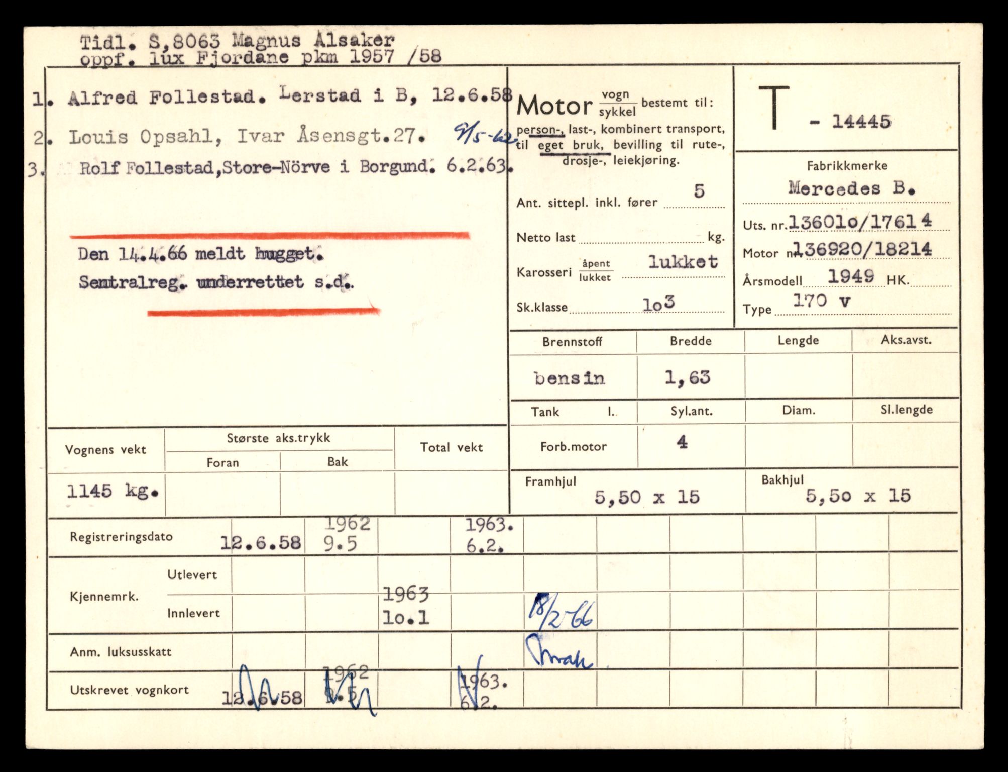 Møre og Romsdal vegkontor - Ålesund trafikkstasjon, AV/SAT-A-4099/F/Fe/L0046: Registreringskort for kjøretøy T 14445 - T 14579, 1927-1998
