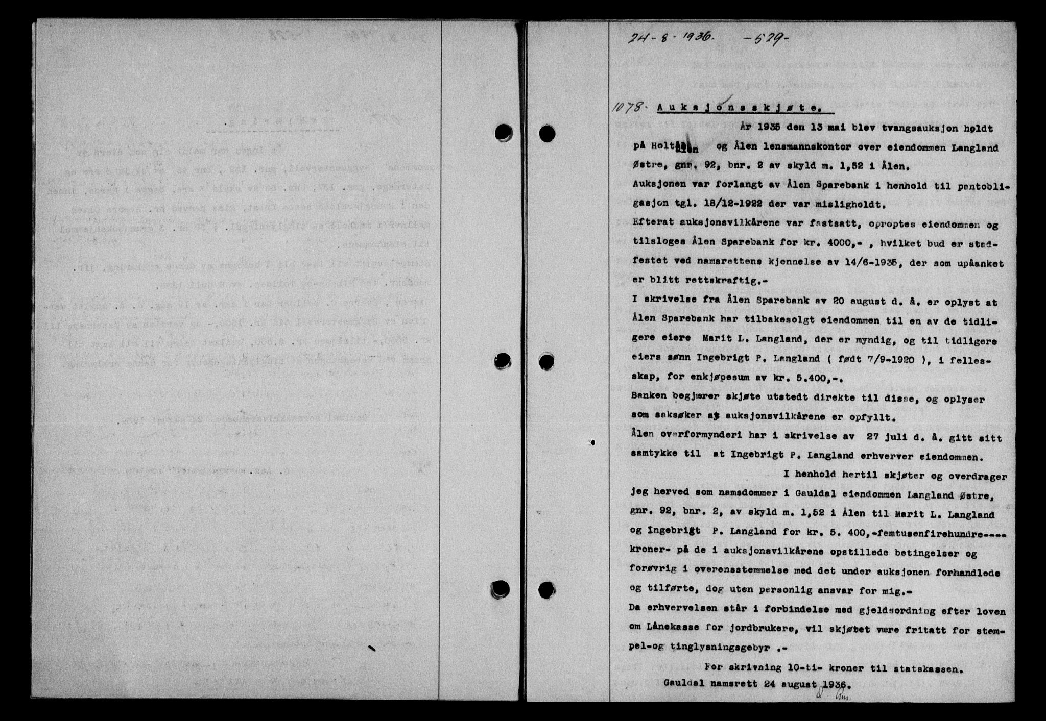 Gauldal sorenskriveri, SAT/A-0014/1/2/2C/L0046: Pantebok nr. 49-50, 1936-1937, Dagboknr: 1078/1936