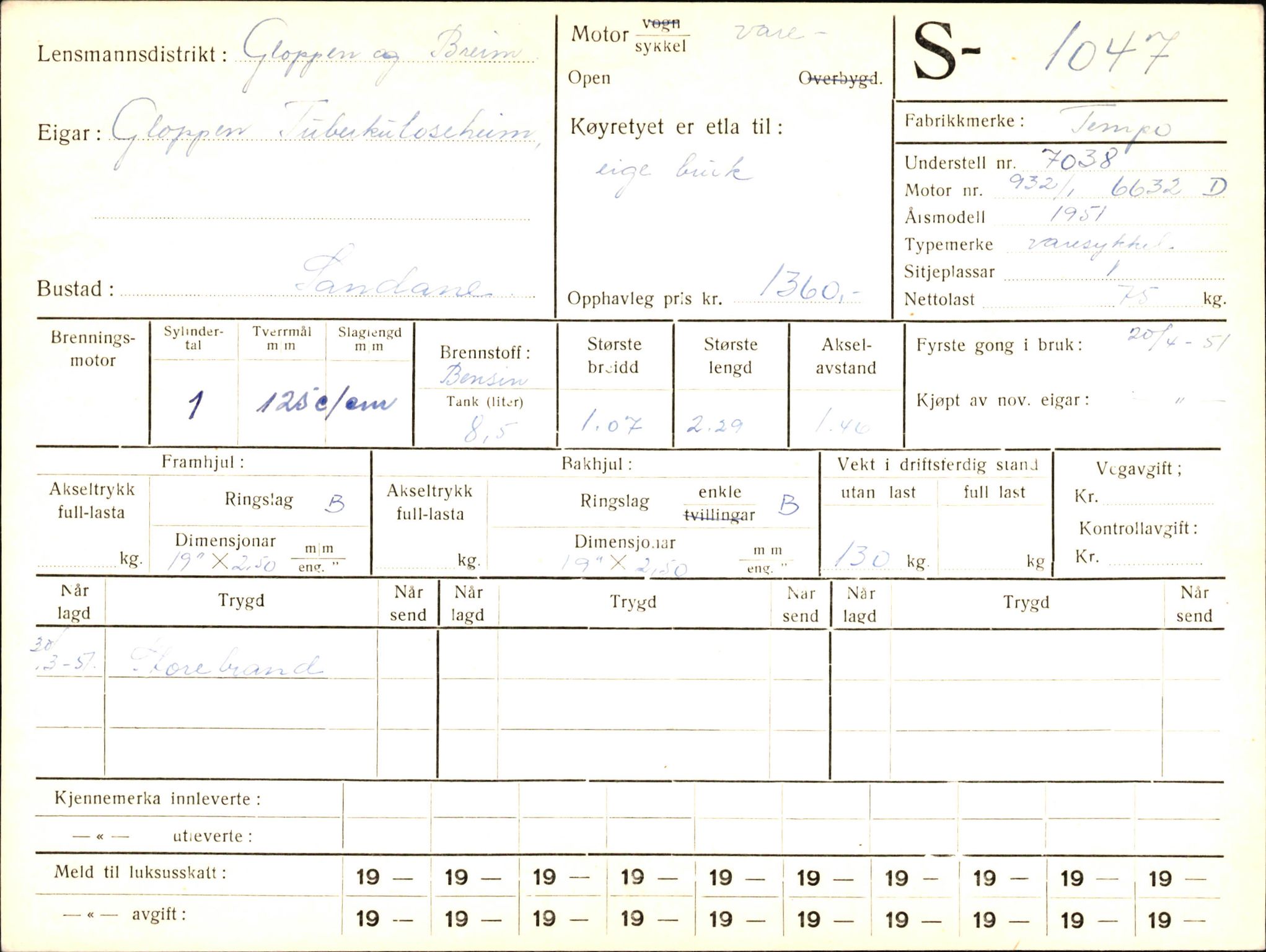 Statens vegvesen, Sogn og Fjordane vegkontor, AV/SAB-A-5301/4/F/L0003: Registerkort utmeldte Fjordane S1000-2499, 1930-1961, s. 82