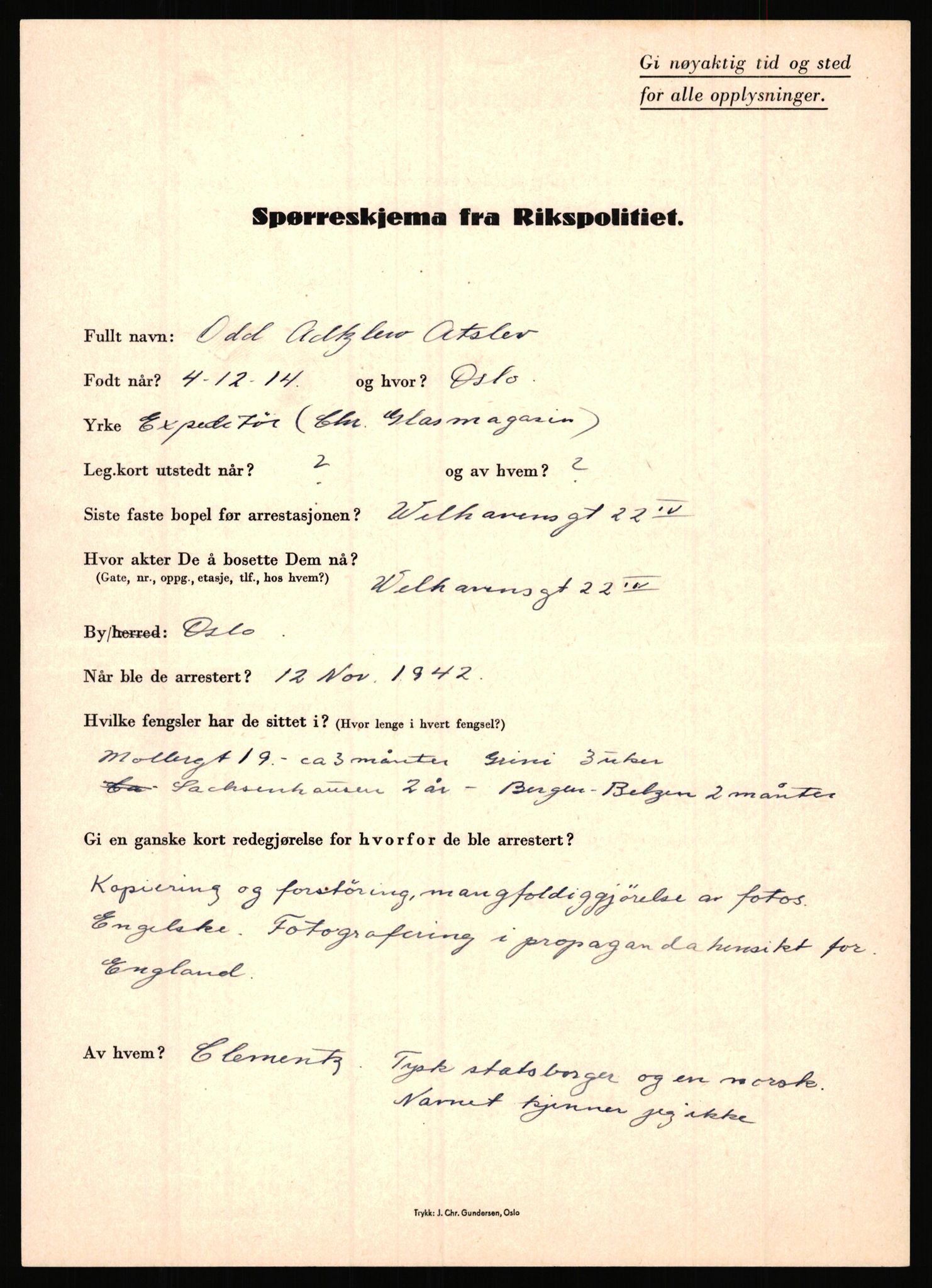 Rikspolitisjefen, AV/RA-S-1560/L/L0001: Abelseth, Rudolf - Berentsen, Odd, 1940-1945, s. 947