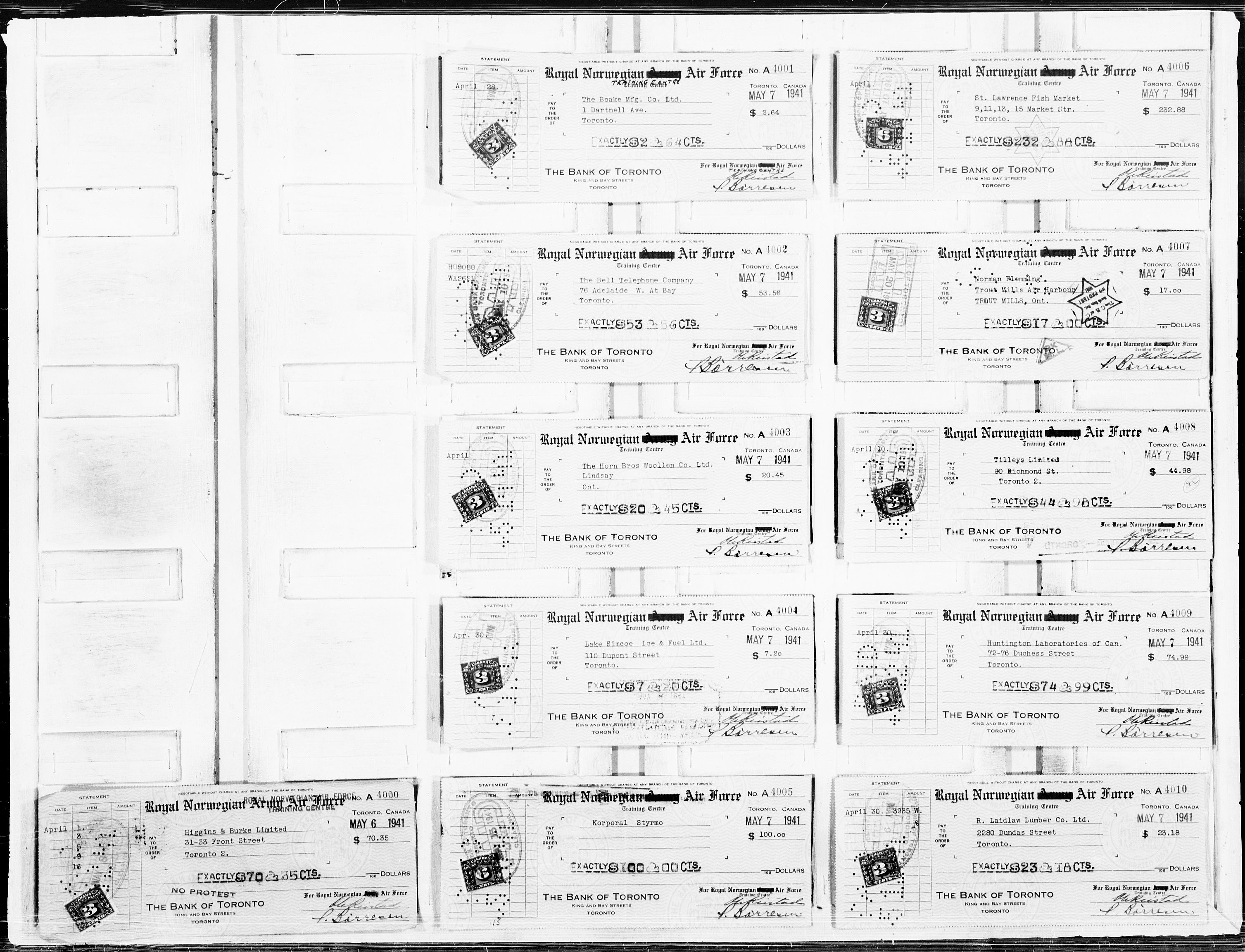 Forsvaret, Flyvåpnenes treningsleir 1940-1945, AV/RA-RAFA-3974/V/L0067: Sjekker.  F.T.L. brukskonto A-4 000 til A-9 500.  
, 1940-1945