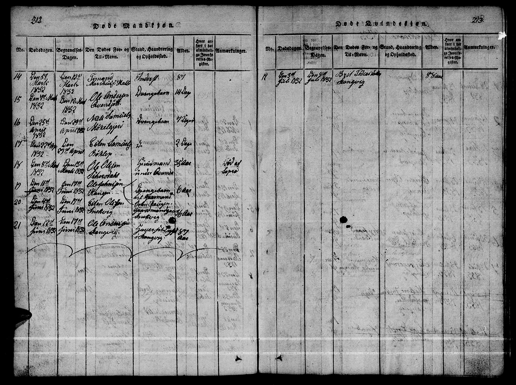 Ministerialprotokoller, klokkerbøker og fødselsregistre - Møre og Romsdal, AV/SAT-A-1454/592/L1031: Klokkerbok nr. 592C01, 1820-1833, s. 212-213