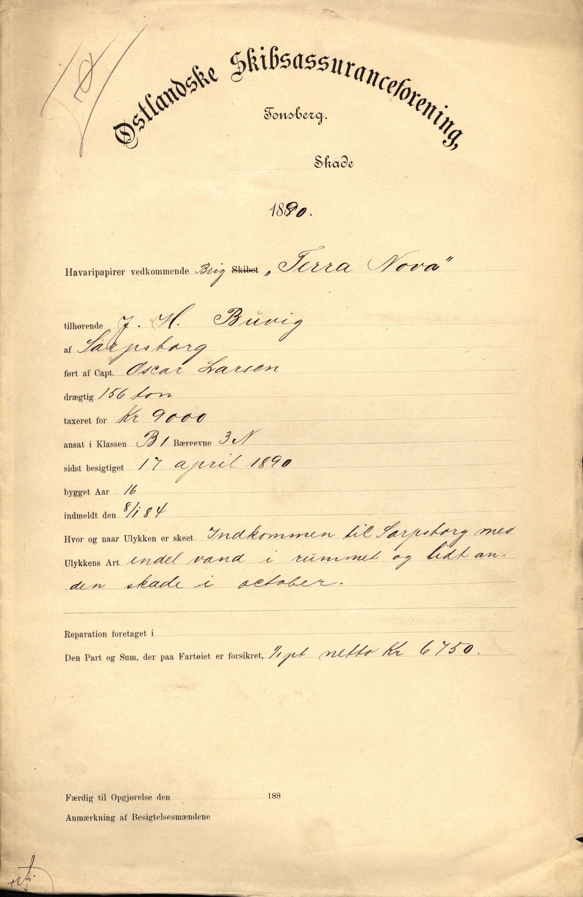 Pa 63 - Østlandske skibsassuranceforening, VEMU/A-1079/G/Ga/L0025/0007: Havaridokumenter / Terpsichore, Terra, Nova, 1890, s. 26