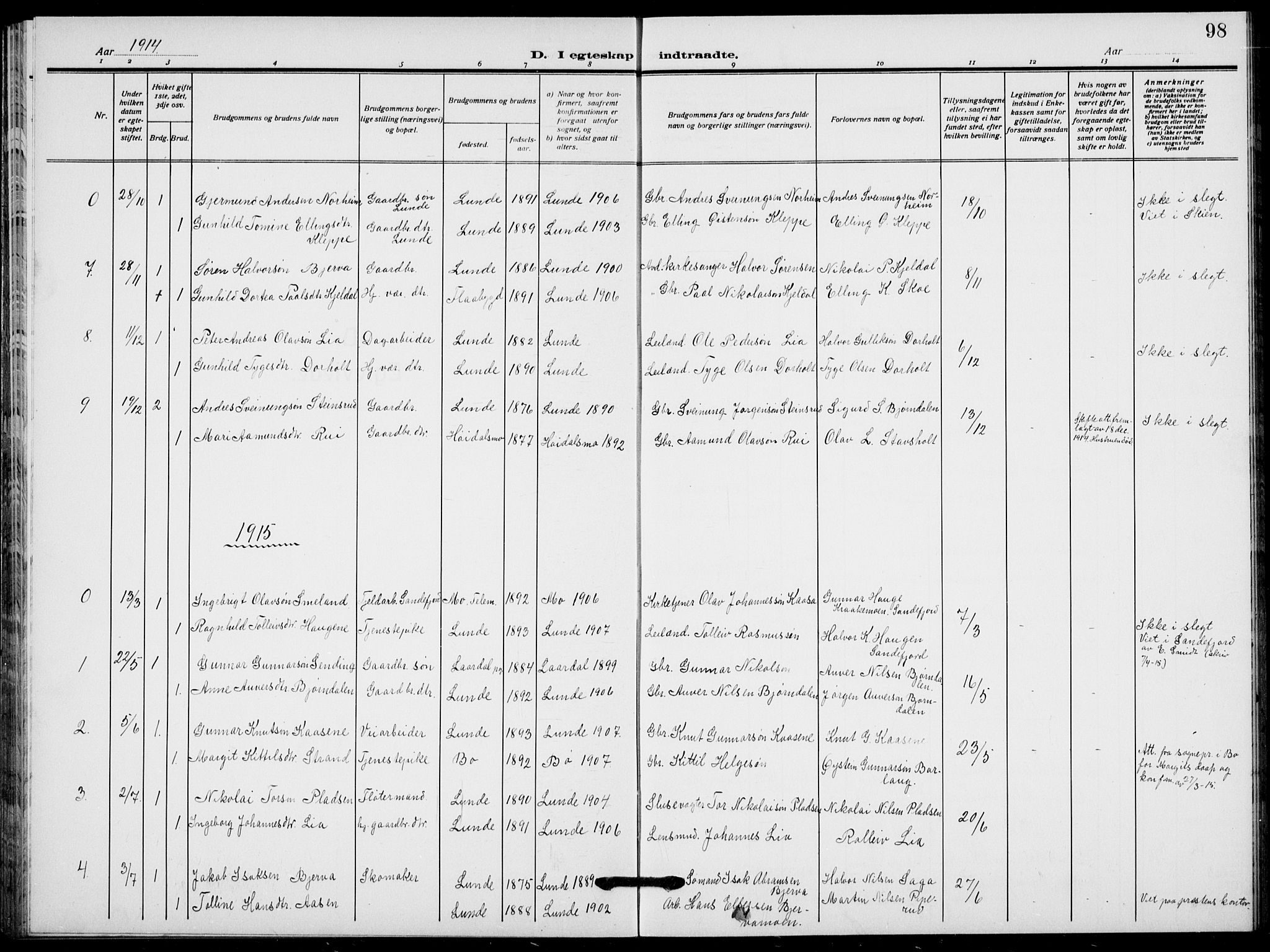 Lunde kirkebøker, AV/SAKO-A-282/F/Fa/L0005: Ministerialbok nr. I 5, 1914-1922, s. 98