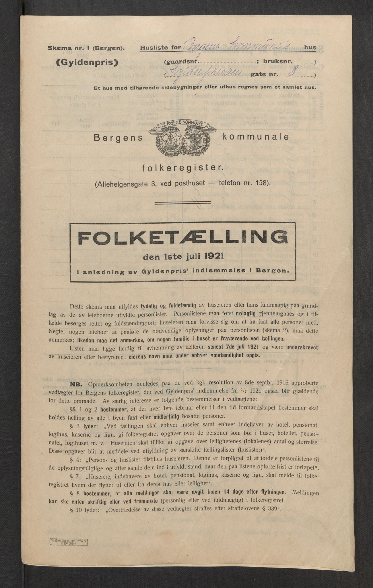 SAB, Kommunal folketelling 1921 for Gyldenpris ved overføring fra Laksevåg herred til Bergen kjøpstad, 1921, s. 421