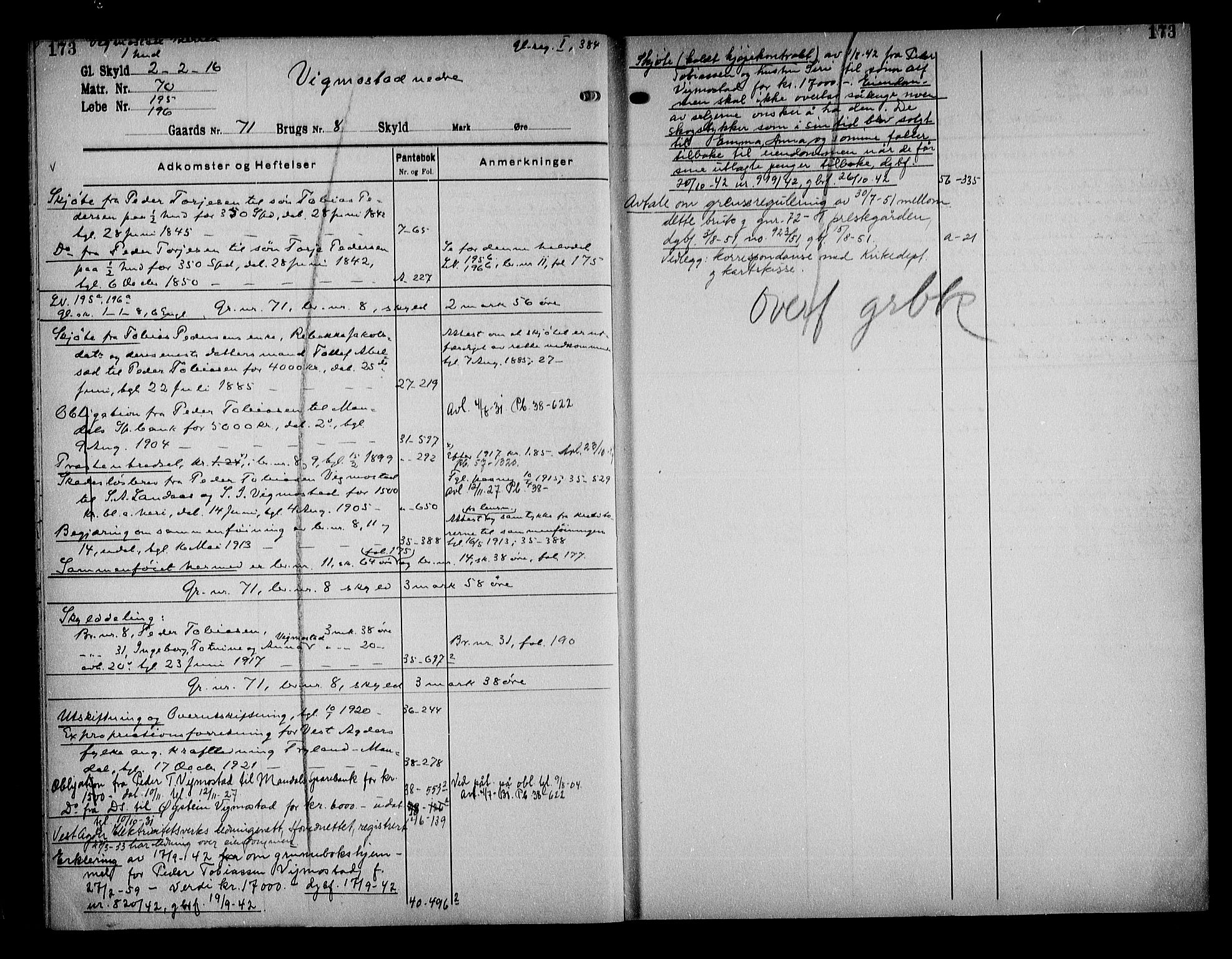 Mandal sorenskriveri, AV/SAK-1221-0005/001/G/Ga/L0067: Panteregister nr. 60, 1810-1952, s. 173