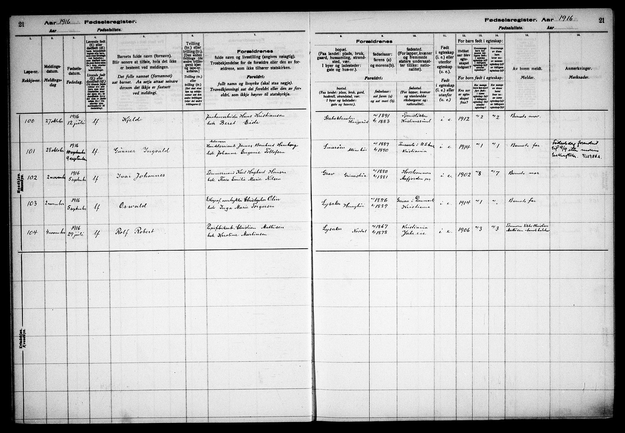 Østre Bærum prestekontor Kirkebøker, AV/SAO-A-10887/J/Ja/L0001: Fødselsregister nr. 1, 1916-1922, s. 21