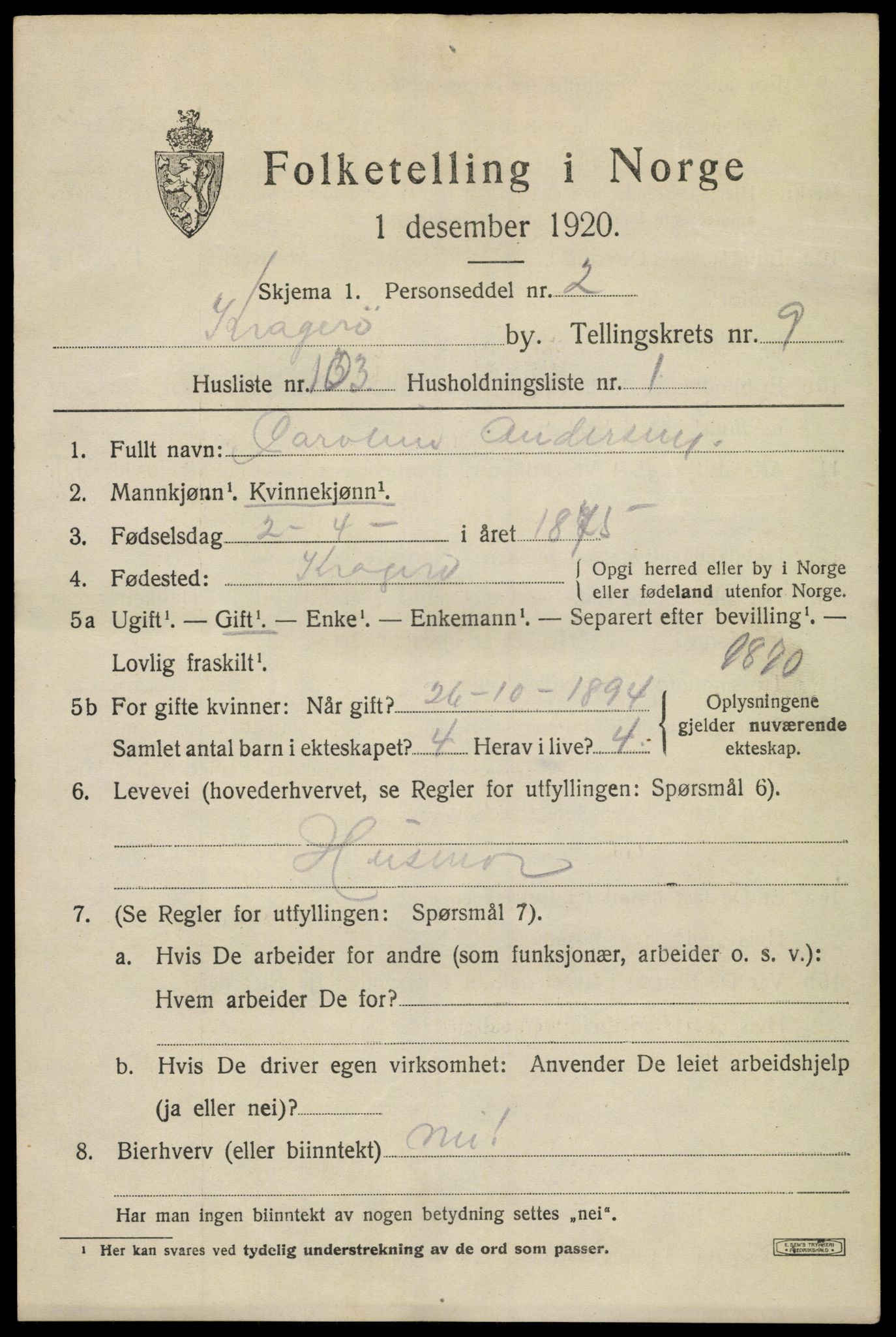 SAKO, Folketelling 1920 for 0801 Kragerø kjøpstad, 1920, s. 13015