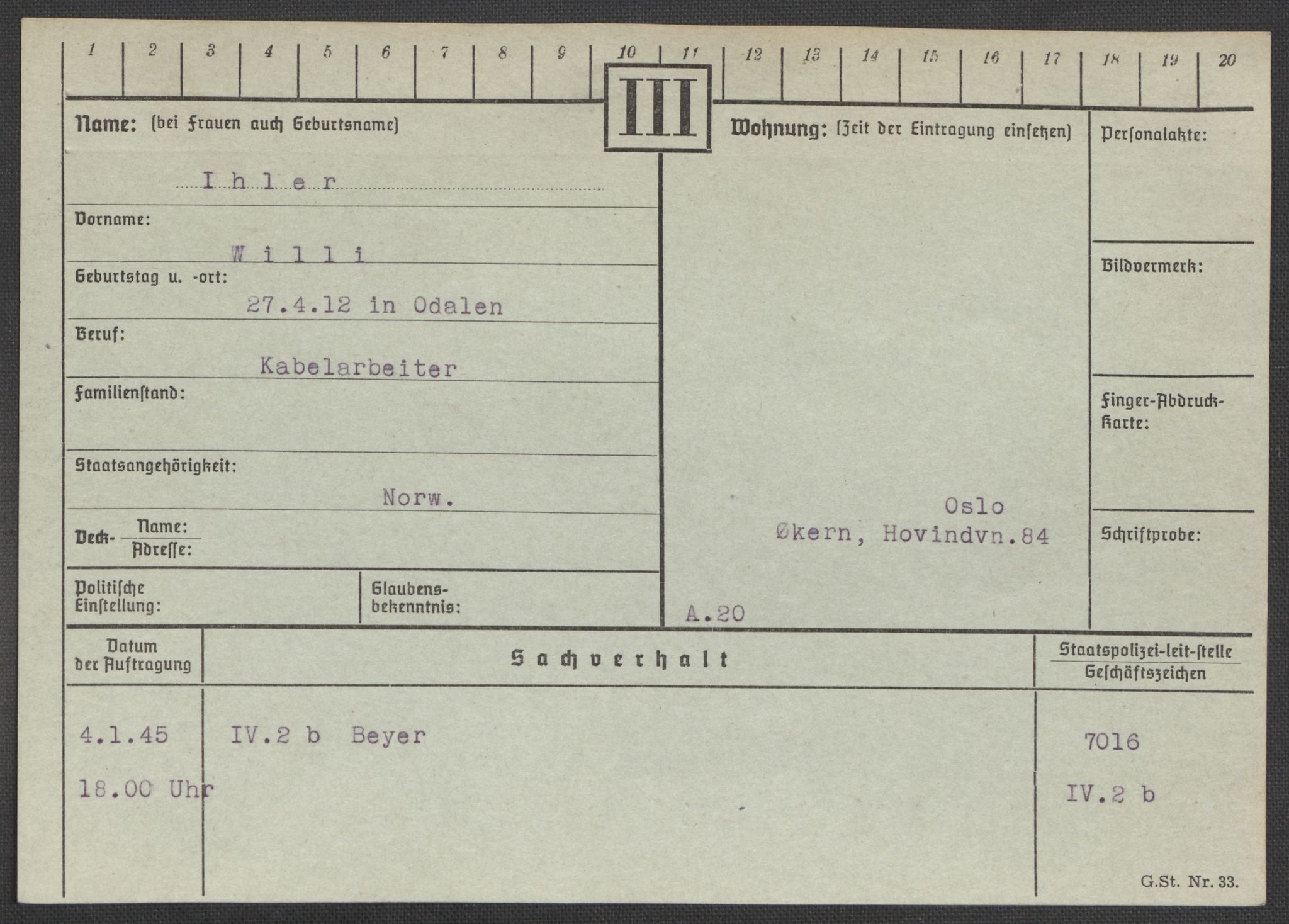 Befehlshaber der Sicherheitspolizei und des SD, RA/RAFA-5969/E/Ea/Eaa/L0005: Register over norske fanger i Møllergata 19: Hø-Kj, 1940-1945, s. 122