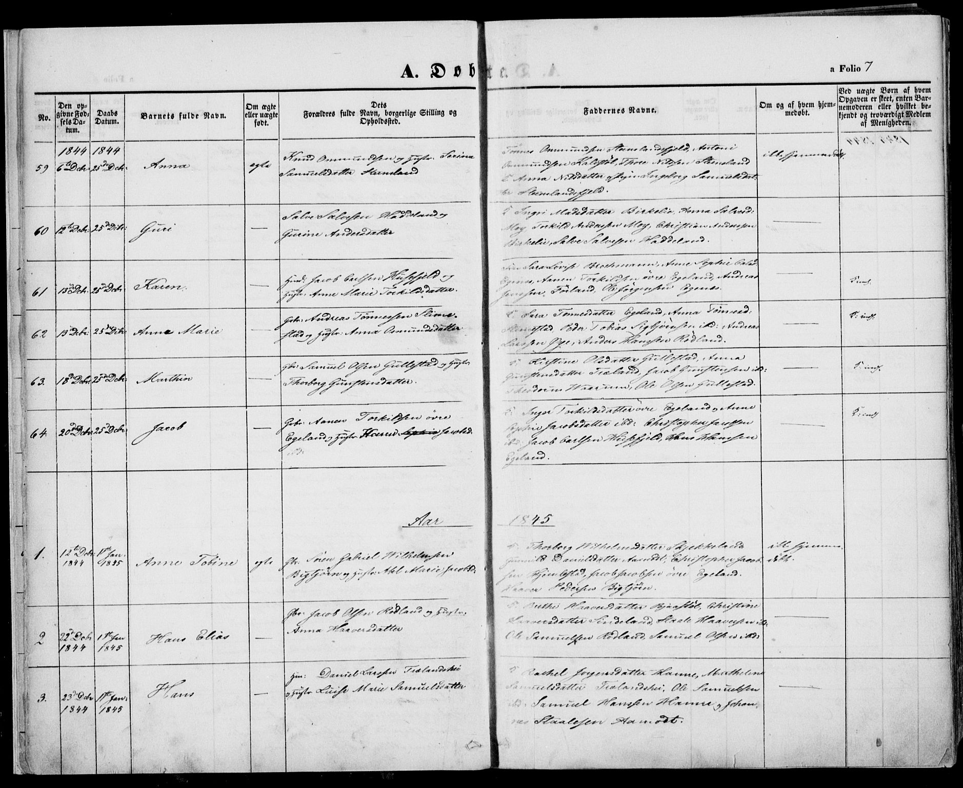 Kvinesdal sokneprestkontor, SAK/1111-0026/F/Fa/Fab/L0005: Ministerialbok nr. A 5, 1844-1857, s. 7