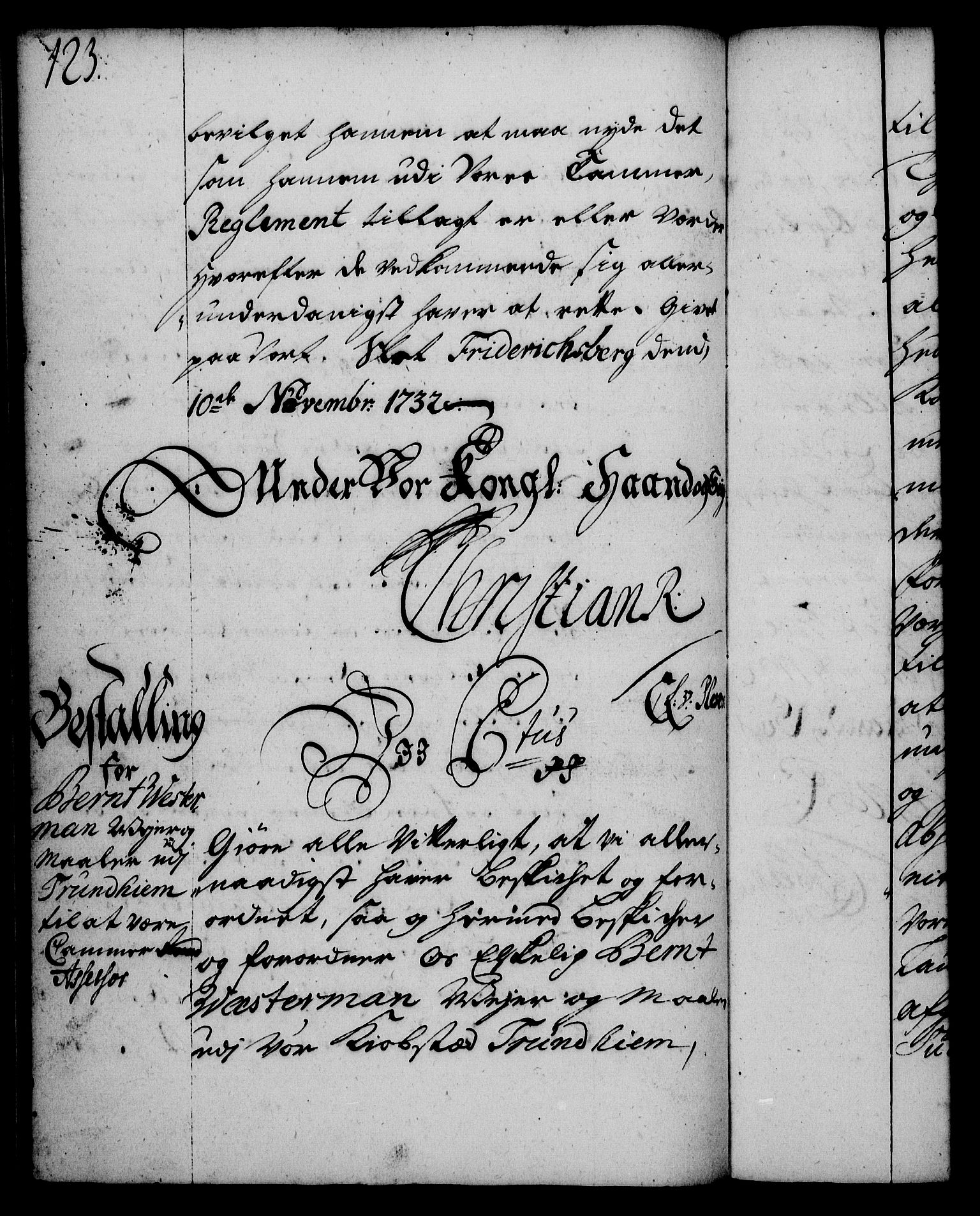 Rentekammeret, Kammerkanselliet, RA/EA-3111/G/Gg/Gge/L0002: Norsk bestallingsprotokoll med register (merket RK 53.26), 1730-1744, s. 123