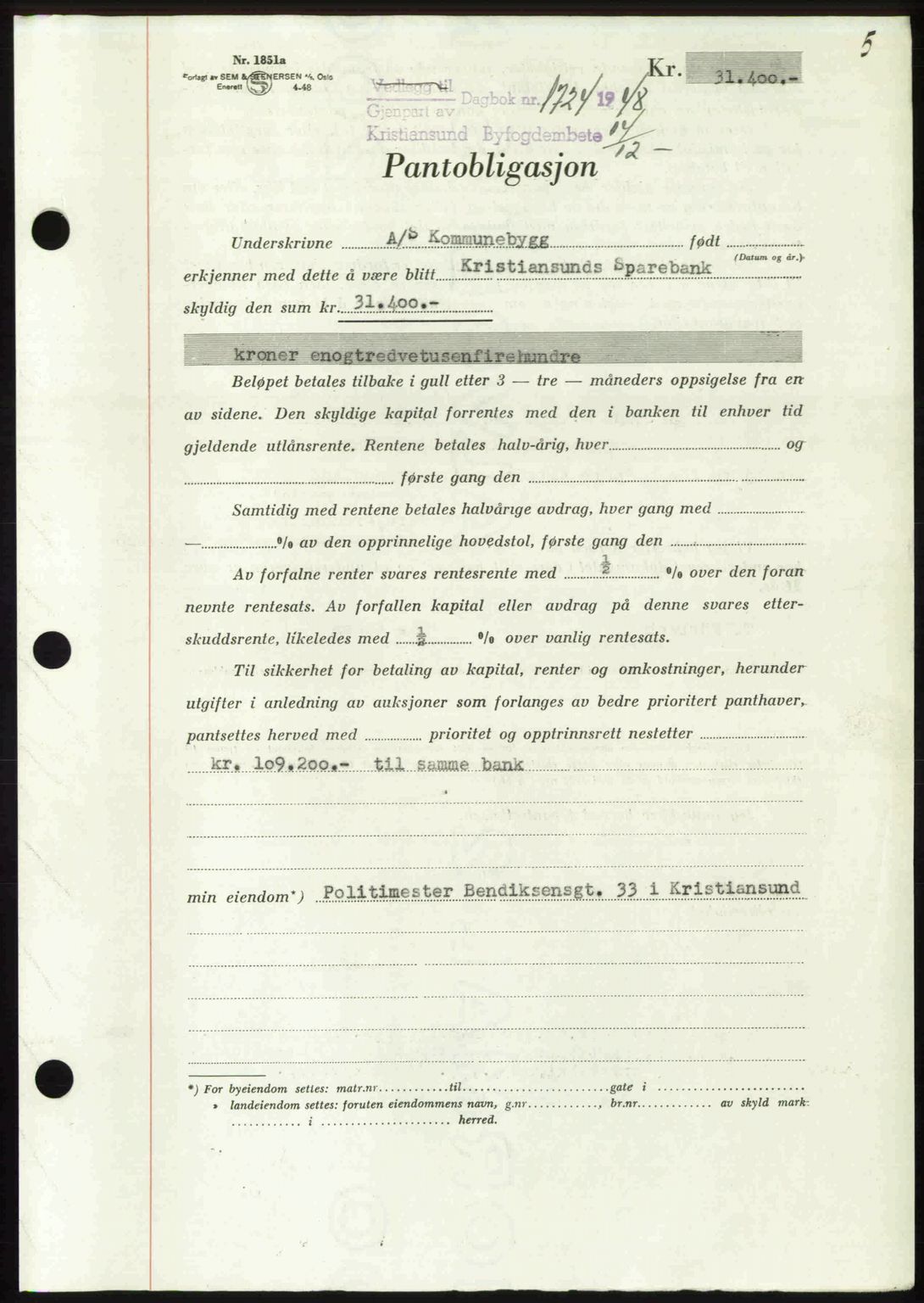 Kristiansund byfogd, AV/SAT-A-4587/A/27: Pantebok nr. 45, 1948-1949, Dagboknr: 1724/1948