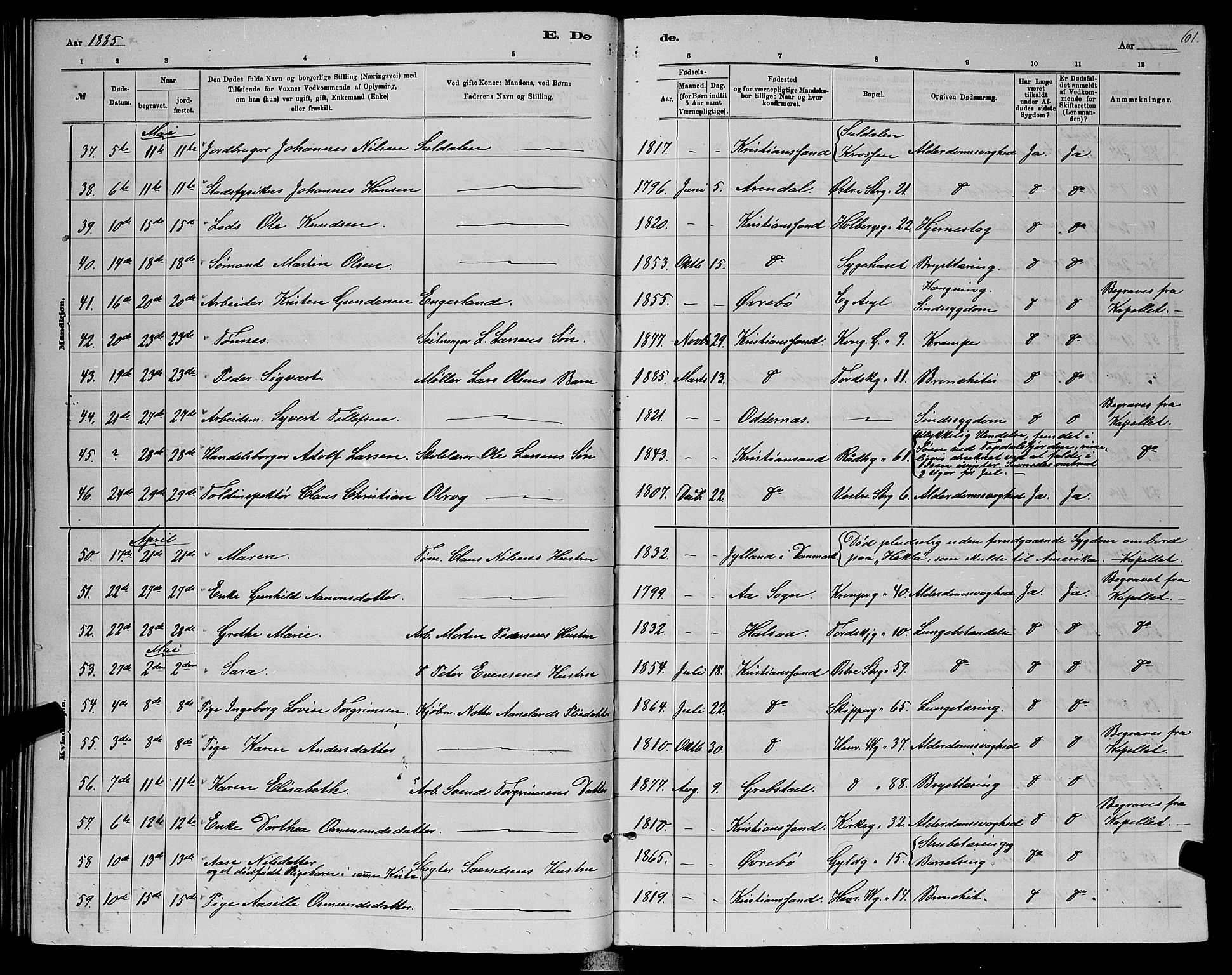 Kristiansand domprosti, AV/SAK-1112-0006/F/Fb/L0016: Klokkerbok nr. B 16, 1881-1893, s. 61
