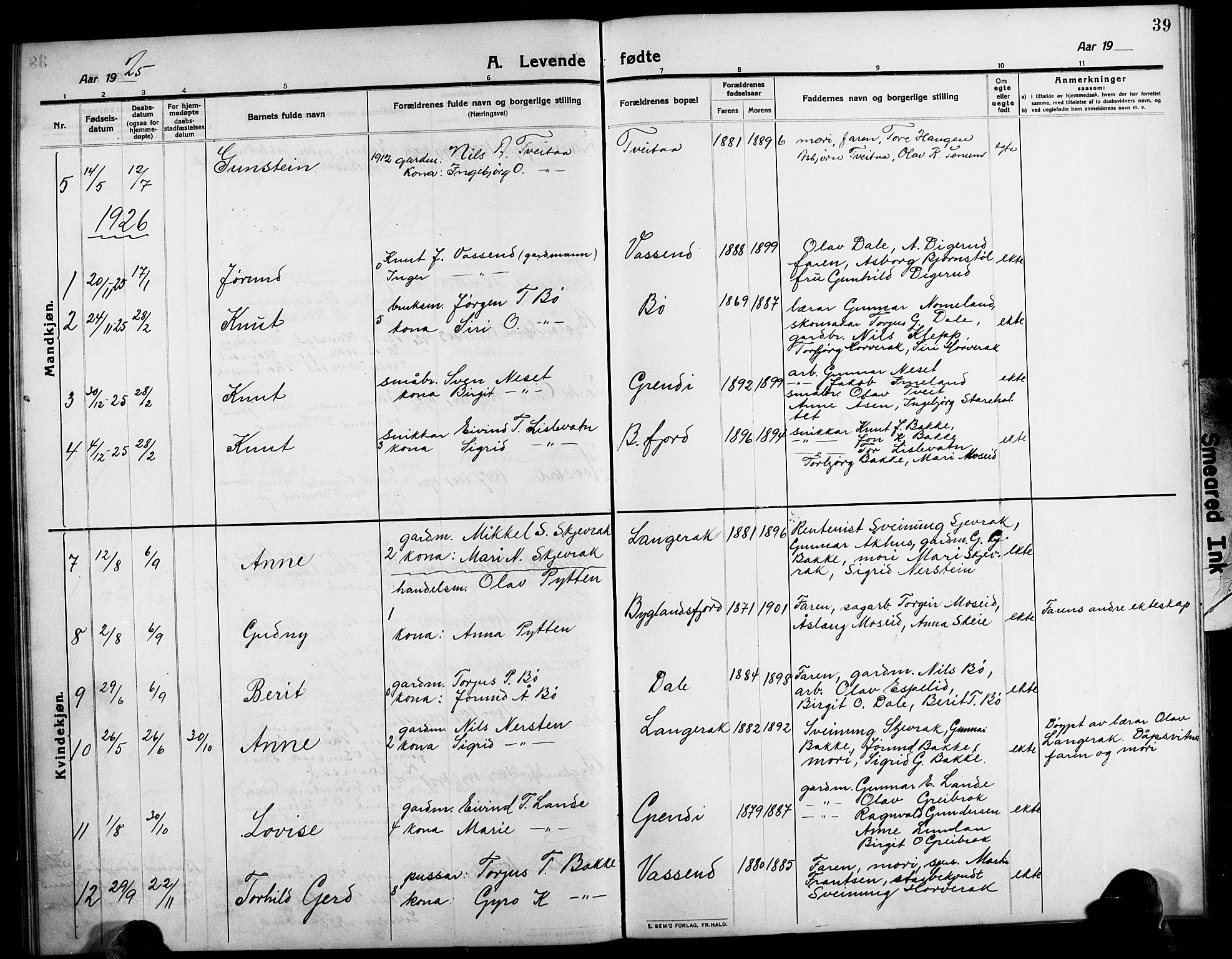 Bygland sokneprestkontor, AV/SAK-1111-0006/F/Fb/Fbd/L0003: Klokkerbok nr. B 3, 1910-1926, s. 39