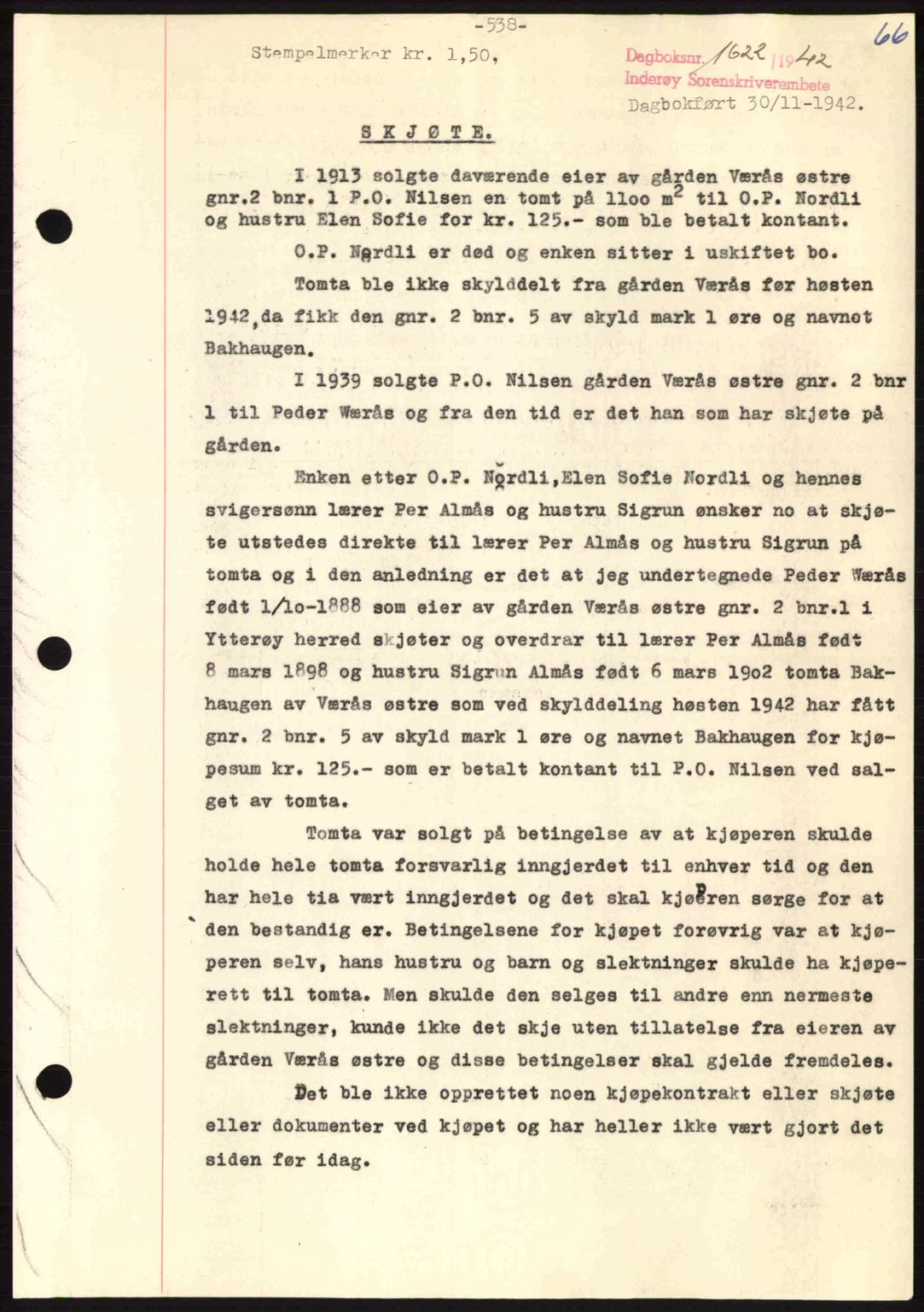 Inderøy sorenskriveri, SAT/A-4147/1/2/2C: Pantebok nr. Y1, 1936-1950, Dagboknr: 1622/1942